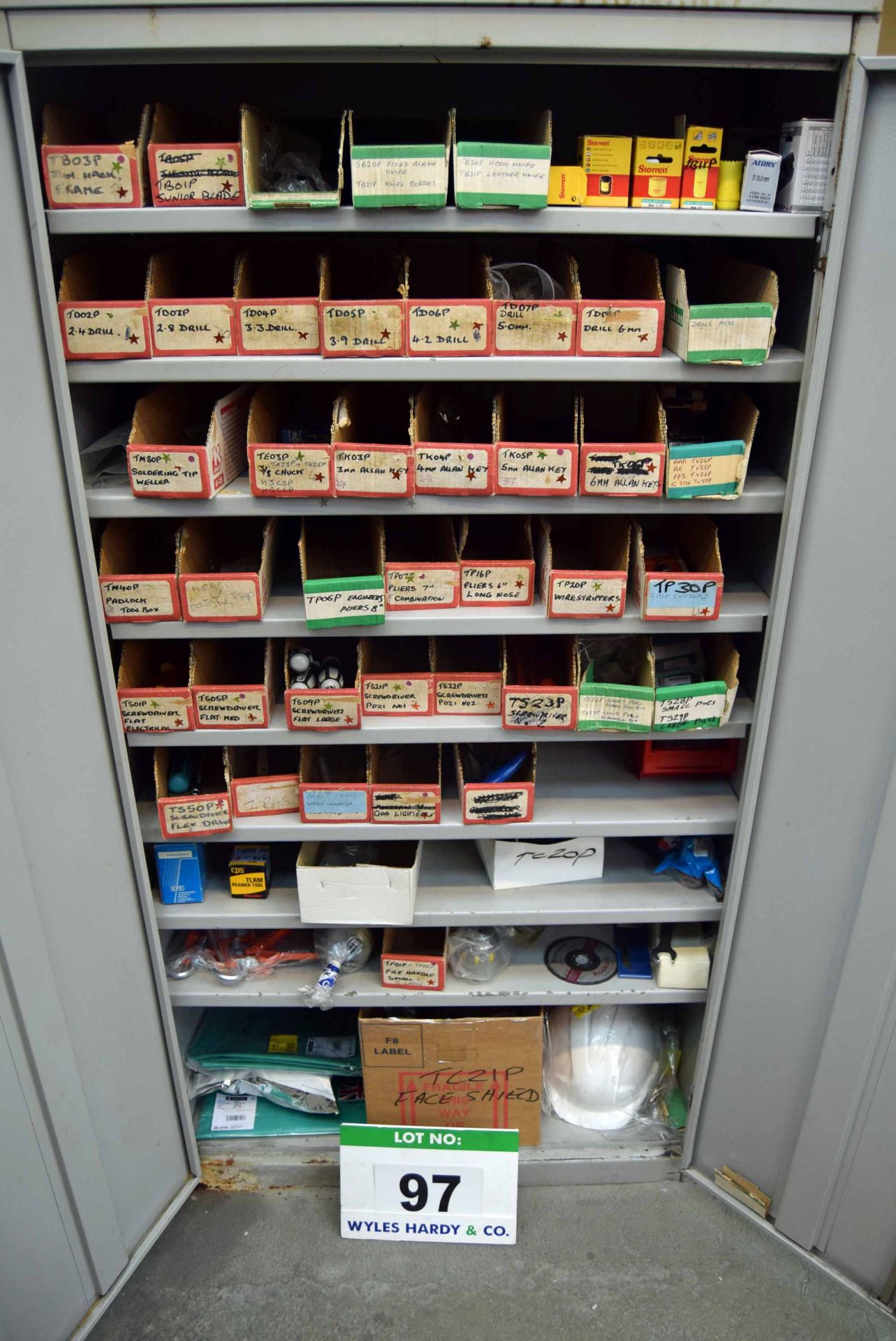 A Grey Steel 2-Door Consumables Cabinet with Contents including Hand Tools and PPE (As