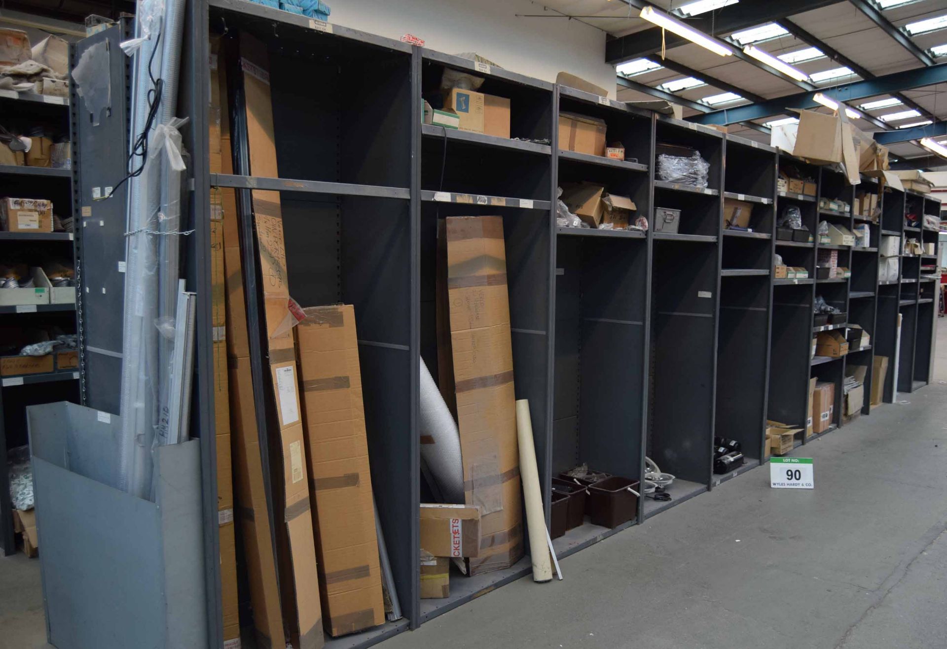 Eleven Bays of Parts Racking with Contents including Chiller Cabinet Blinds, Evaporating Trays,
