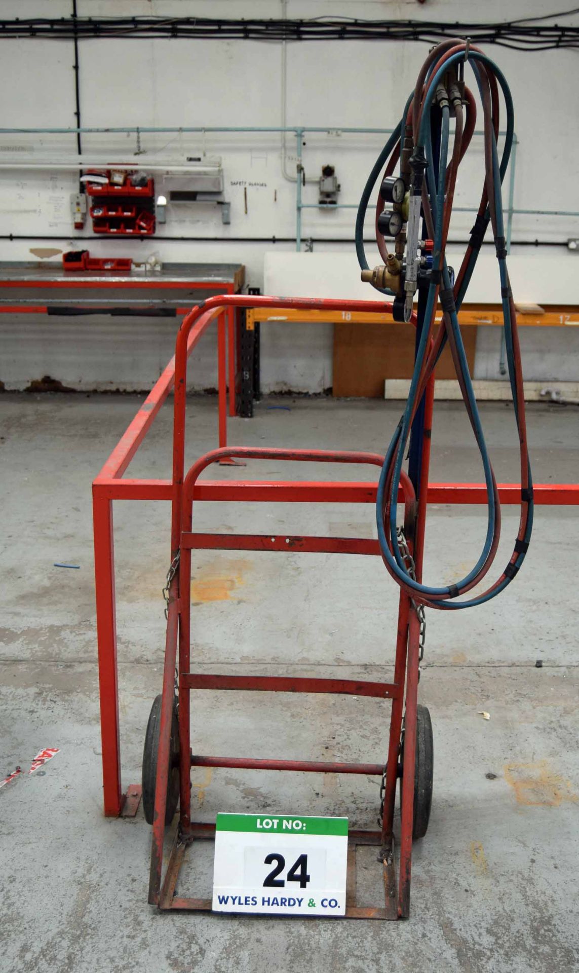A Twin Bottle Gas Bottle Trolley, Regulators, Hoses and Hand Held Torch (As Photographed)
