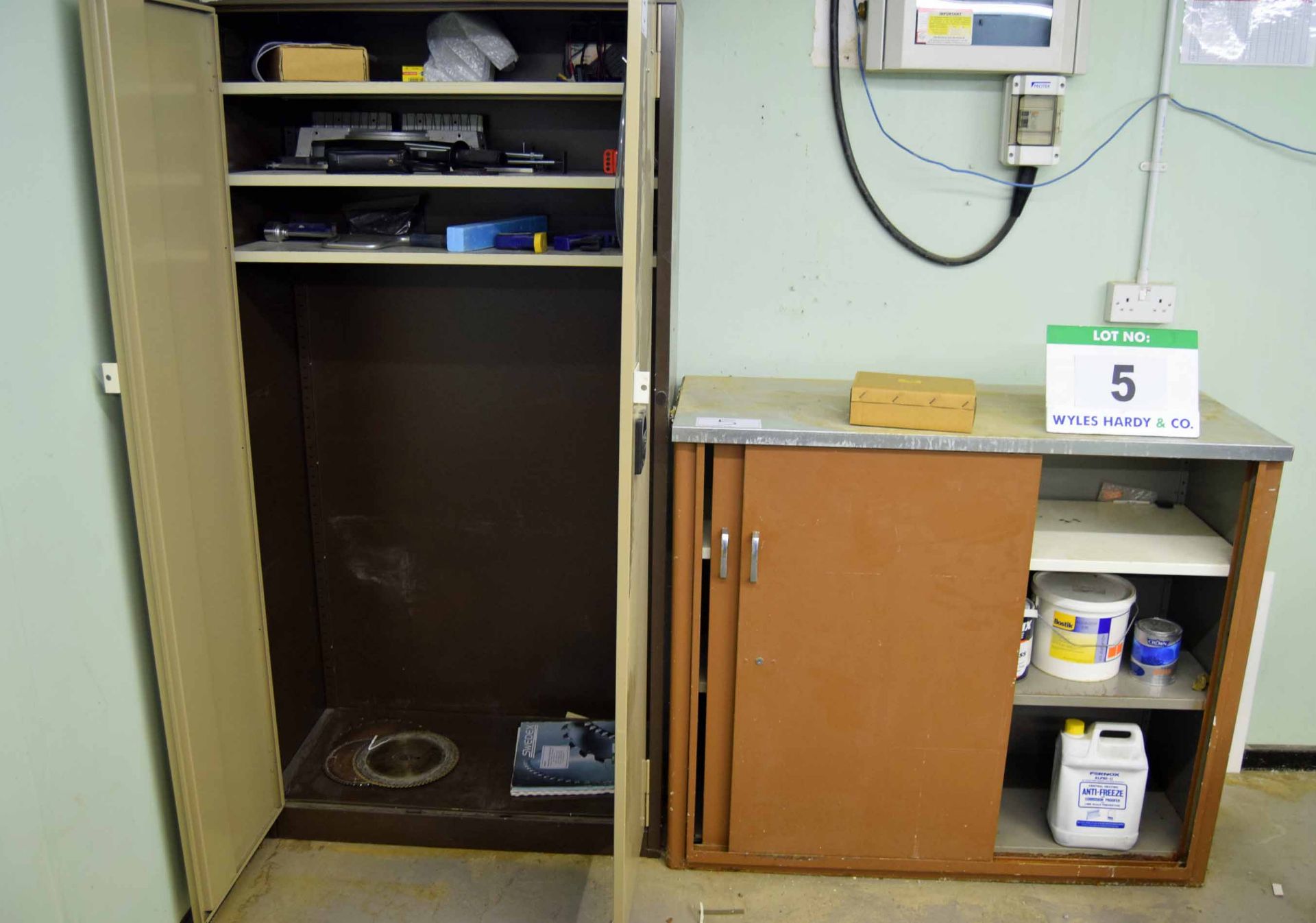 Two Steel Storage Cupboards and Contents (As Photographed)