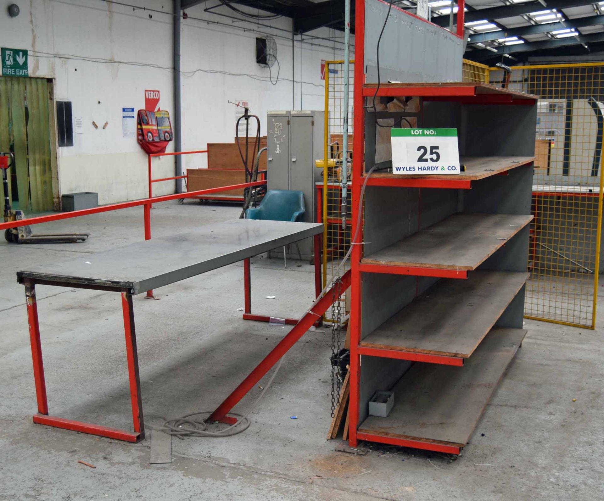 A Quantity of Works Furniture including Two Welded Steel Work Benches and A 5-Tier Welded Steel