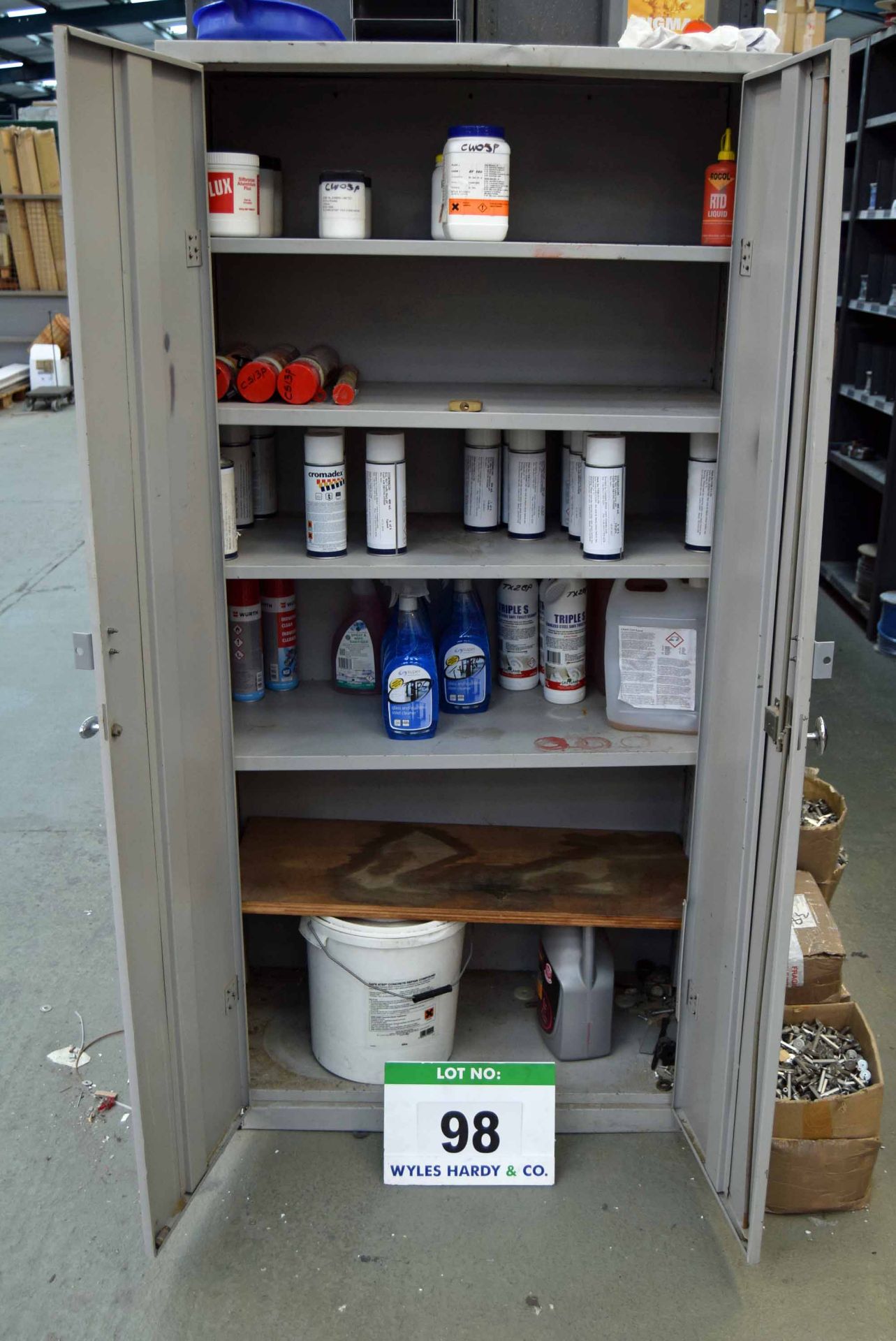A Grey Steel 2-Dor Consumables Cabinet with Contents including Solvents, Paints and Lubricants (As