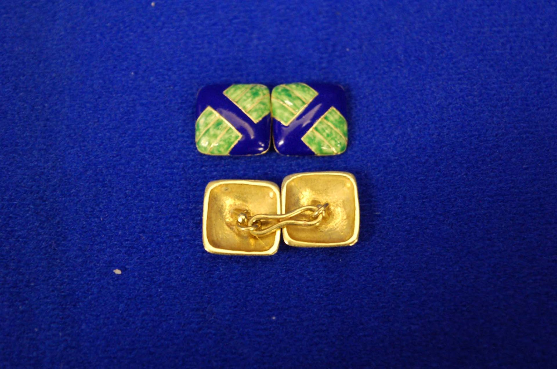 A Pair of Blue and Green Enamel Linked Cufflinks of Square Form