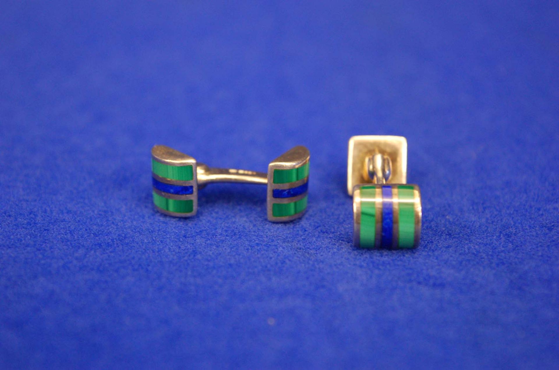 A Pair of Sterling Silver, Green & Blue Enamel Bar Type Cufflinks