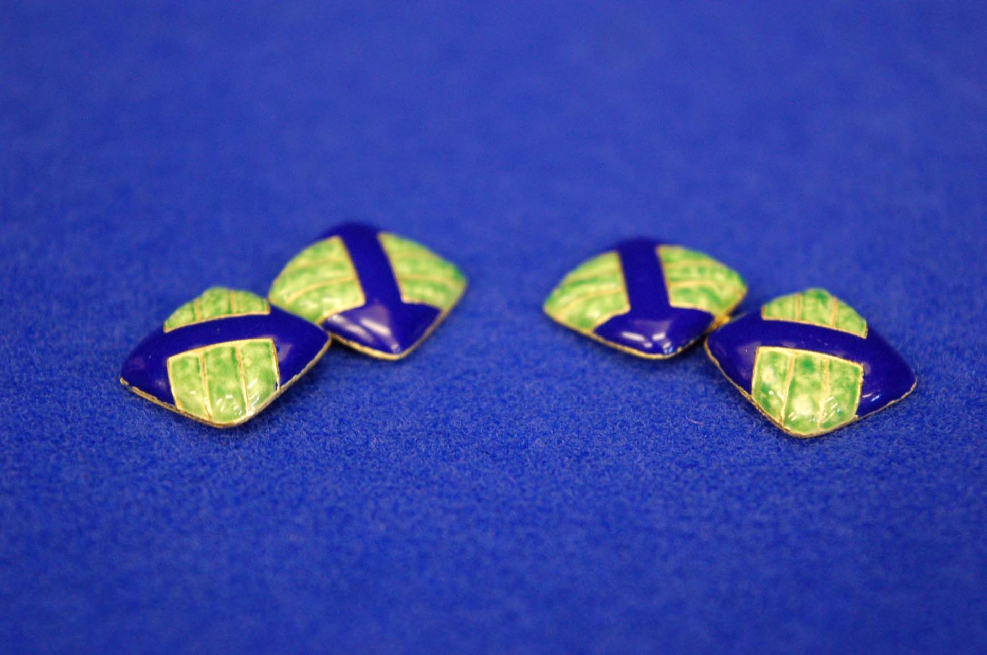 A Pair of Blue and Green Enamel Linked Cufflinks of Square Form - Image 2 of 3