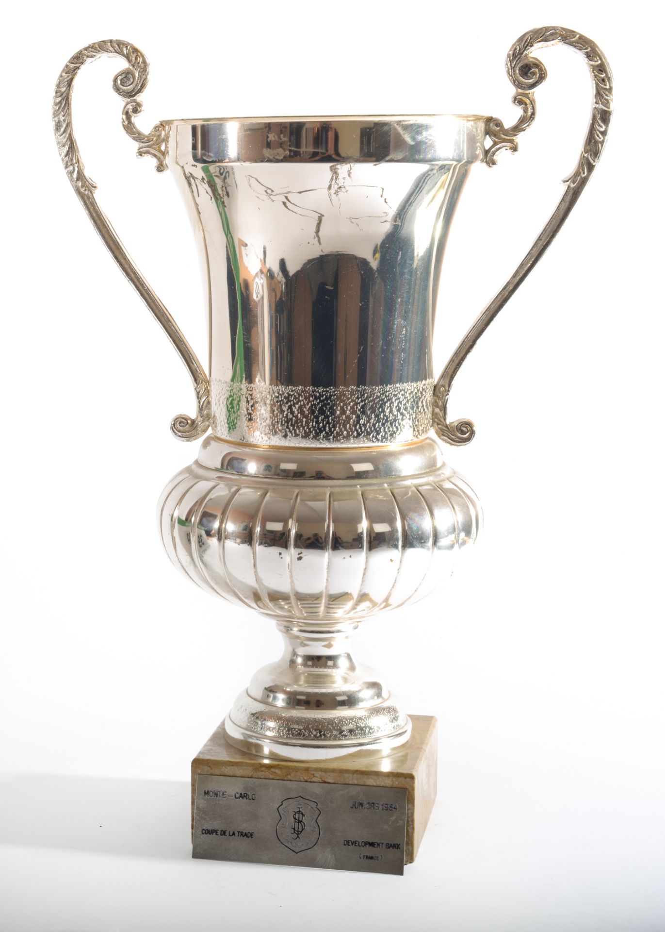 A Silver Coloured Trophy Cup in the form of a Ewer with Two Handles on a Composite Marble Plinth - Image 2 of 3