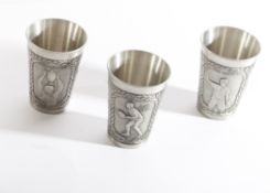 Three Pewter Commemorative Cups of Conical Form with Relief Decoration depicting Boris Becker and