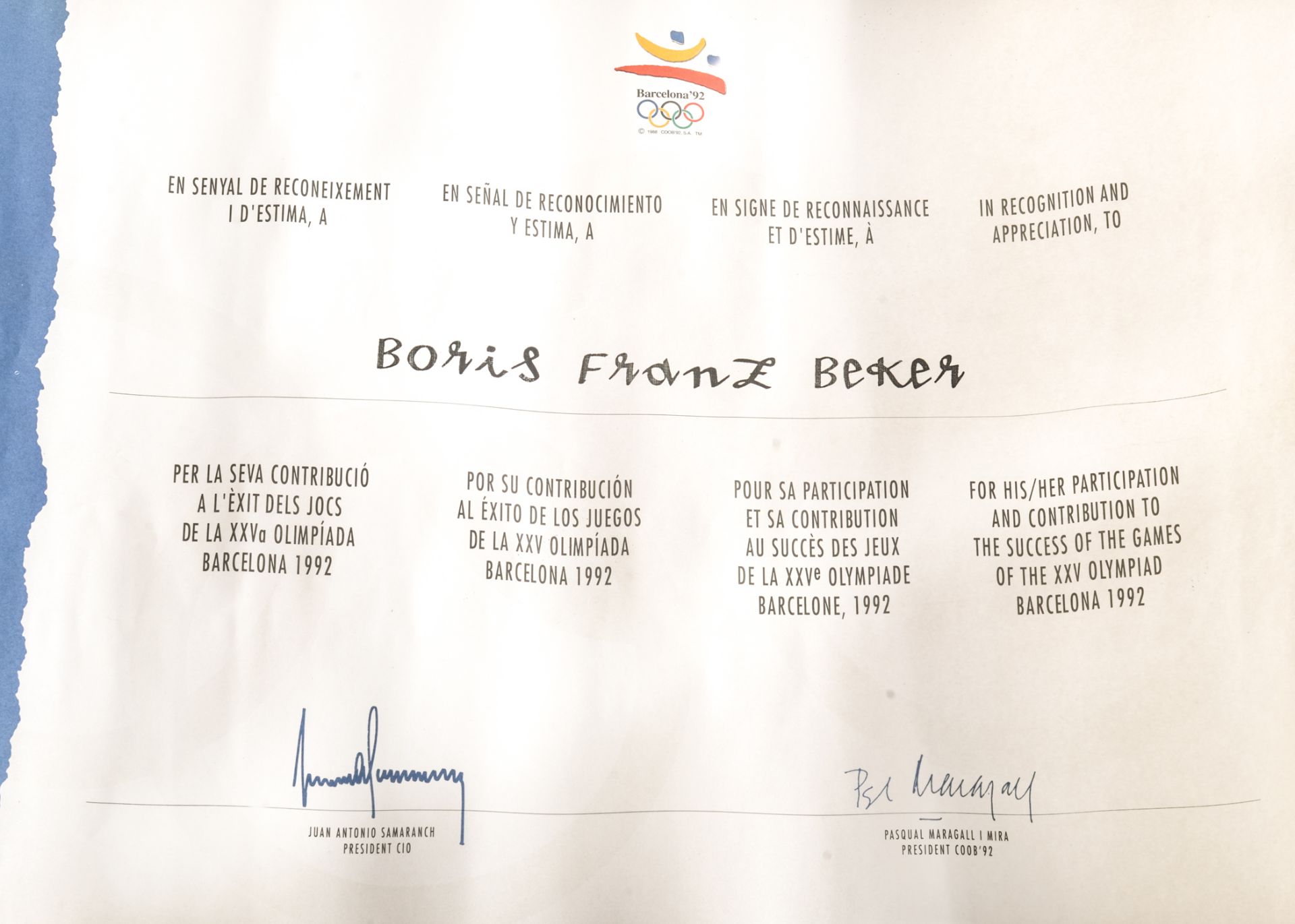 A Paper Certificate Commemorating Boris Becker’s Participation in the XXV Olympics in Barcelona 1992 - Image 2 of 2