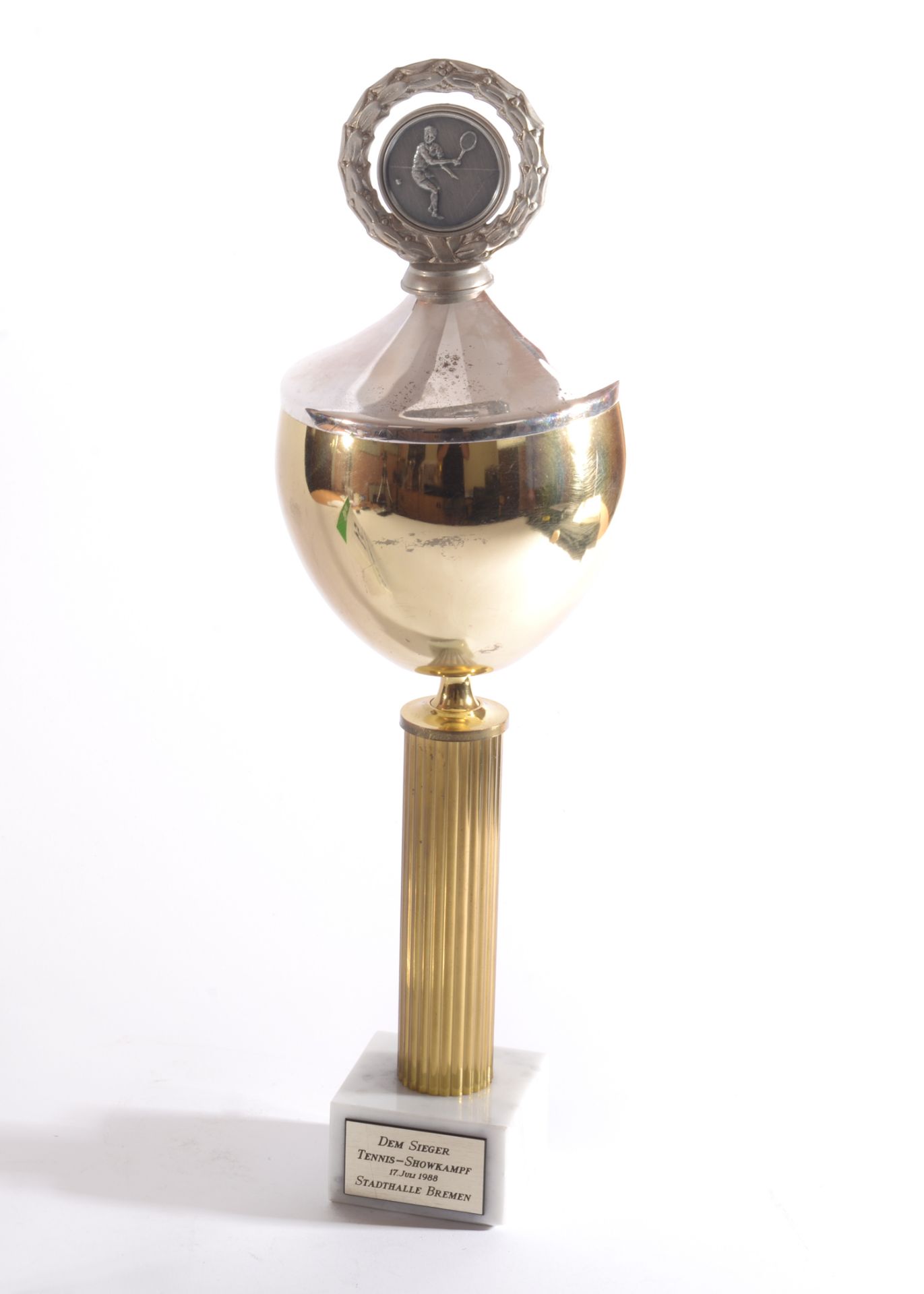 A Gilt & Silver Metal Trophy with Cover, surmounted by Medallion with Garland, mounted on Reeded - Image 2 of 3