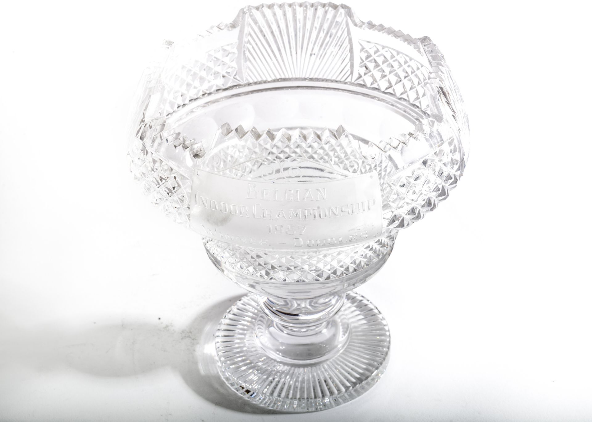 A Cut Glass Trophy of Bulbous Form with Castellated Rim on Stepped Stem and Plain Base, engraved - Image 3 of 3