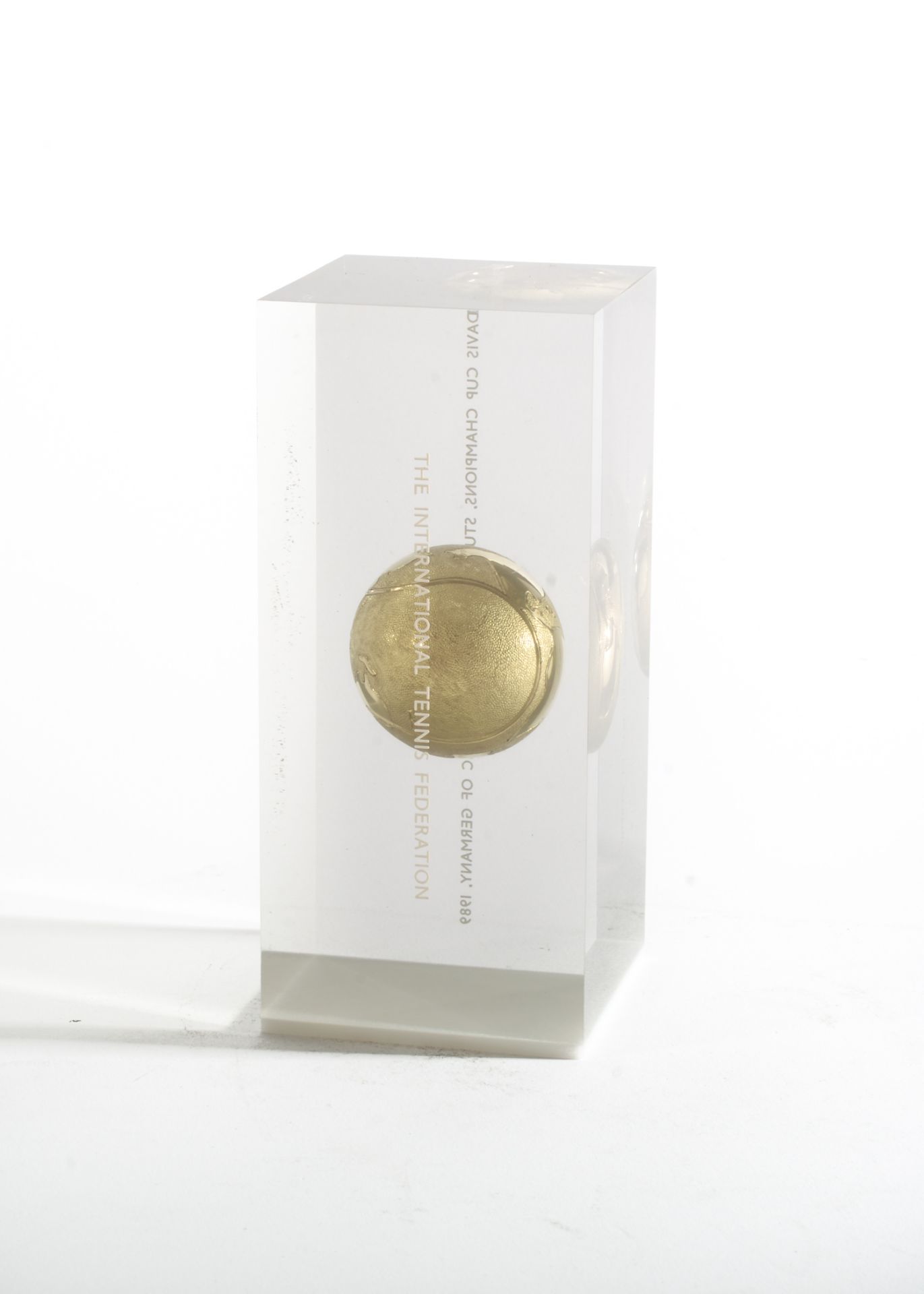 A Clear Resin Block containing a Cast Metal Tennis Ball and bearing the engraved words The - Image 2 of 2