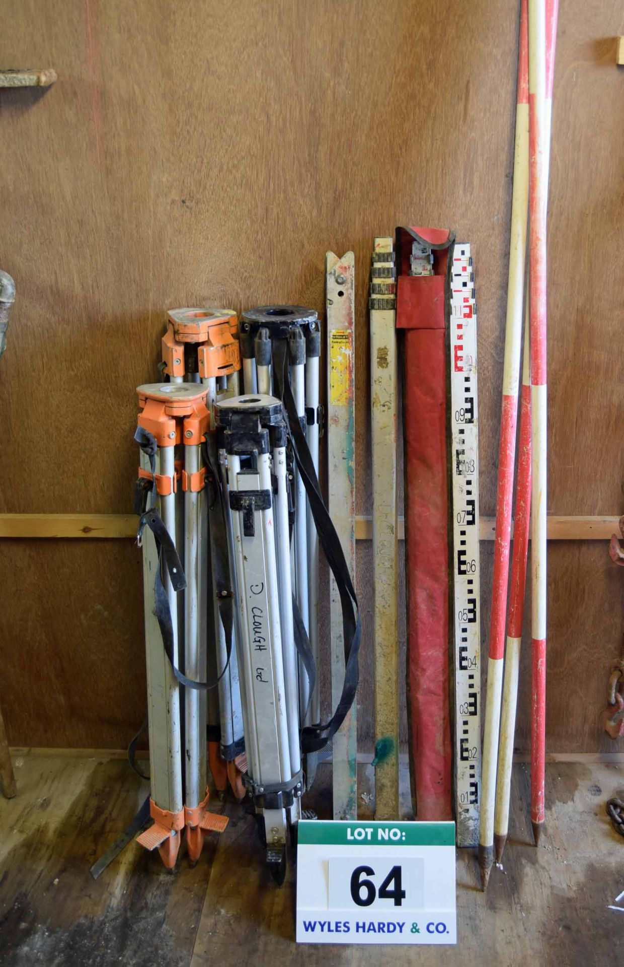 A Quantity of Site Survey Equipment including Four Tripods, Three Telescopic Staffs and A STANLEY