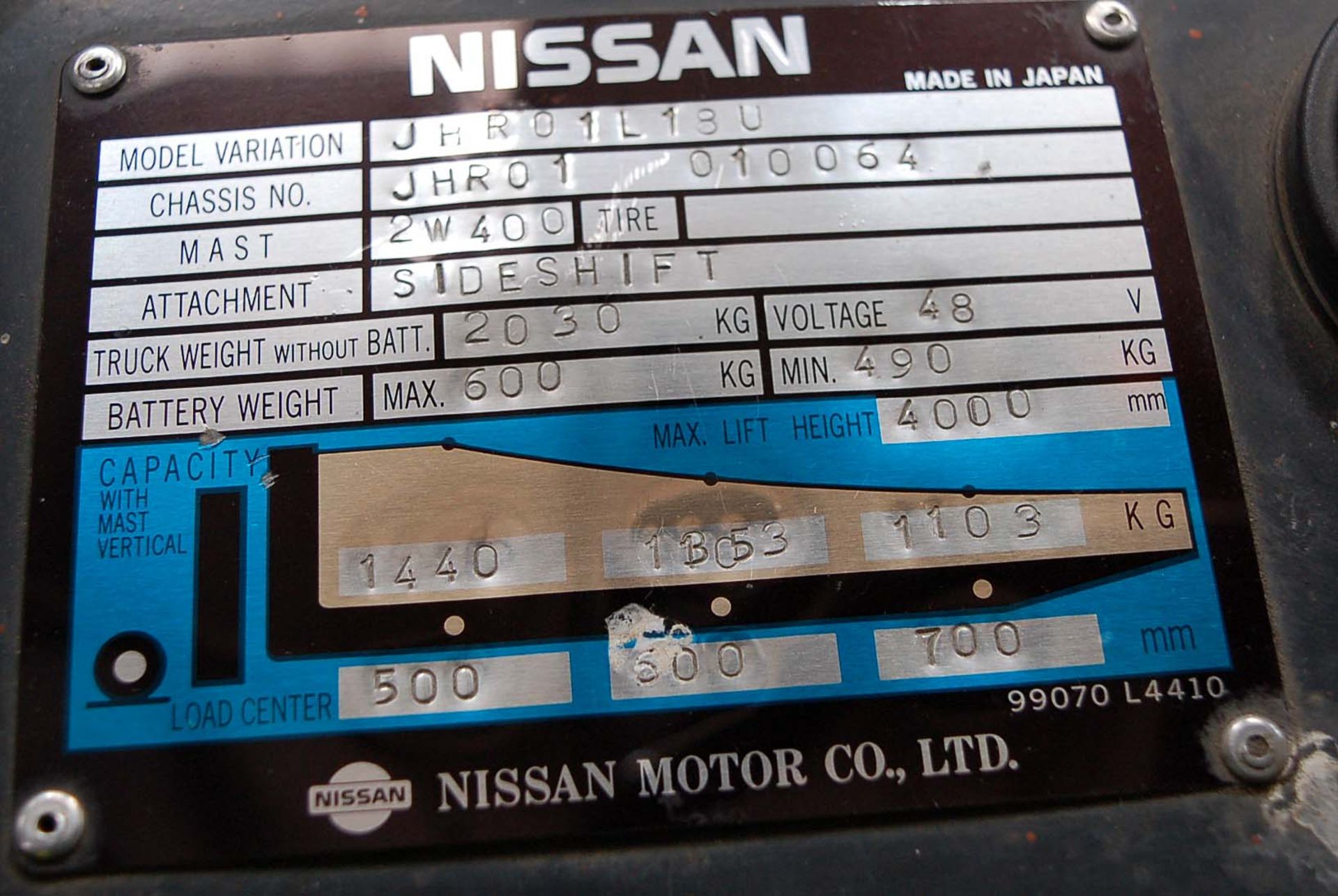 A NISSAN Model JHR01L18U, 1440Kg capacity Ride-On Battery Electric Reach Forklift Truck, Serial - Image 2 of 4