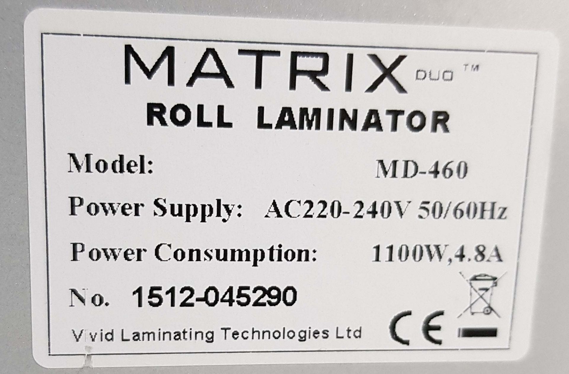 A MATRIX DUO Model MD-460 Automatic Roll Laminator, Serial No. 1512-045290 - Image 2 of 2