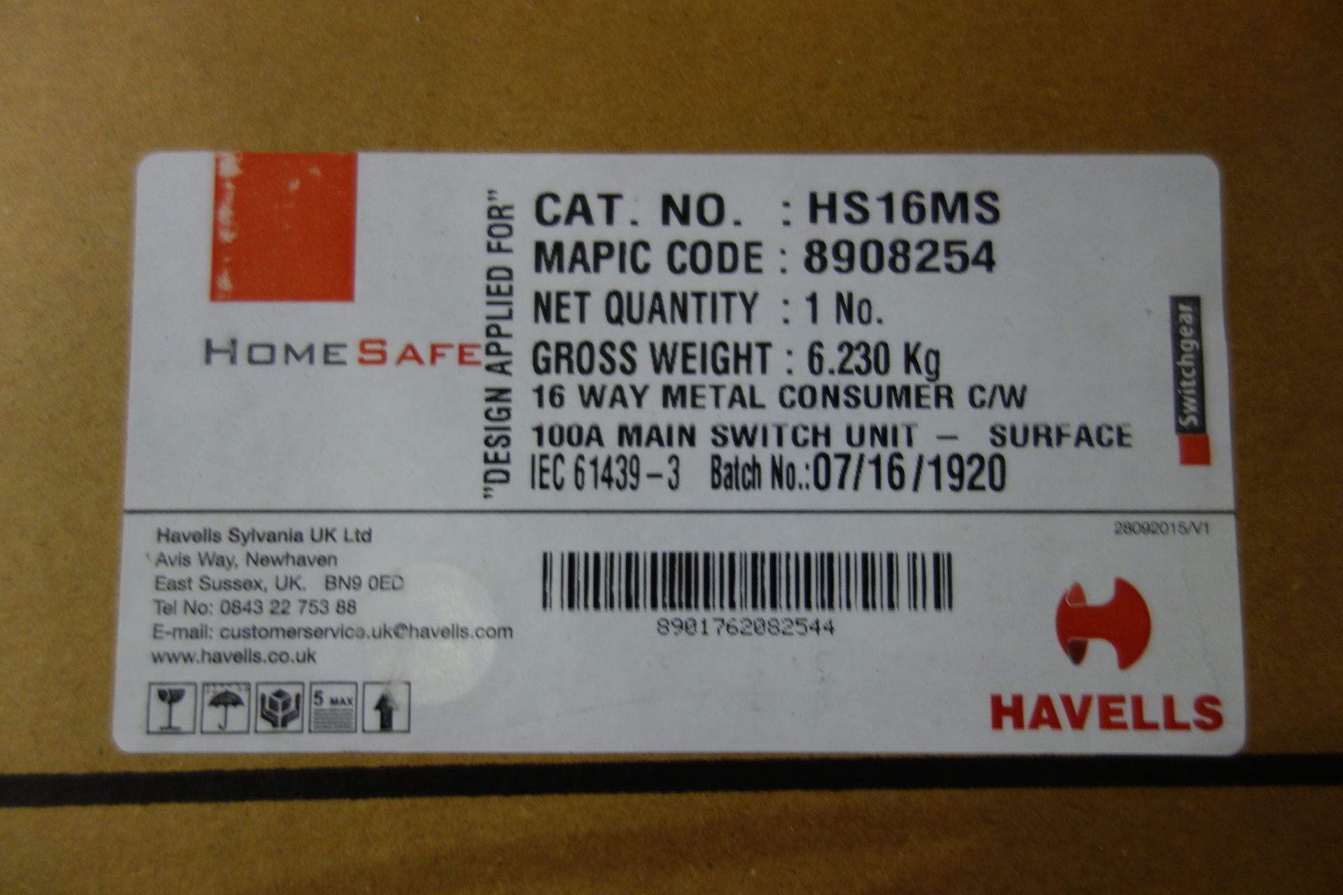 3 X Havells HS16MS 16W Metal Consumer C/W 100A Main Switch Unit