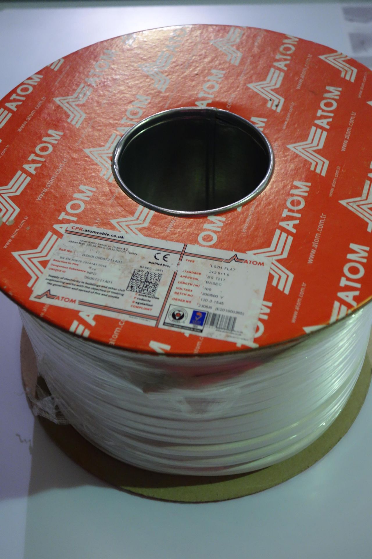 1 X Atom 50M Drum Of PVC Flat 2 x 6 + 2.5 Cable Grey 300/500V 2 Core Brown + Blue Also 1 X Atom 100M