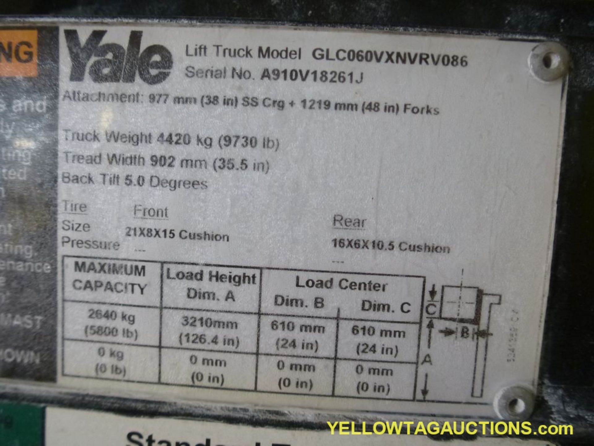 Yale Propane Forklift - Model No. GLC060VXNURV086; Serial No. A910V18261J; 48" Forks; 9452 Hours; - Image 15 of 21