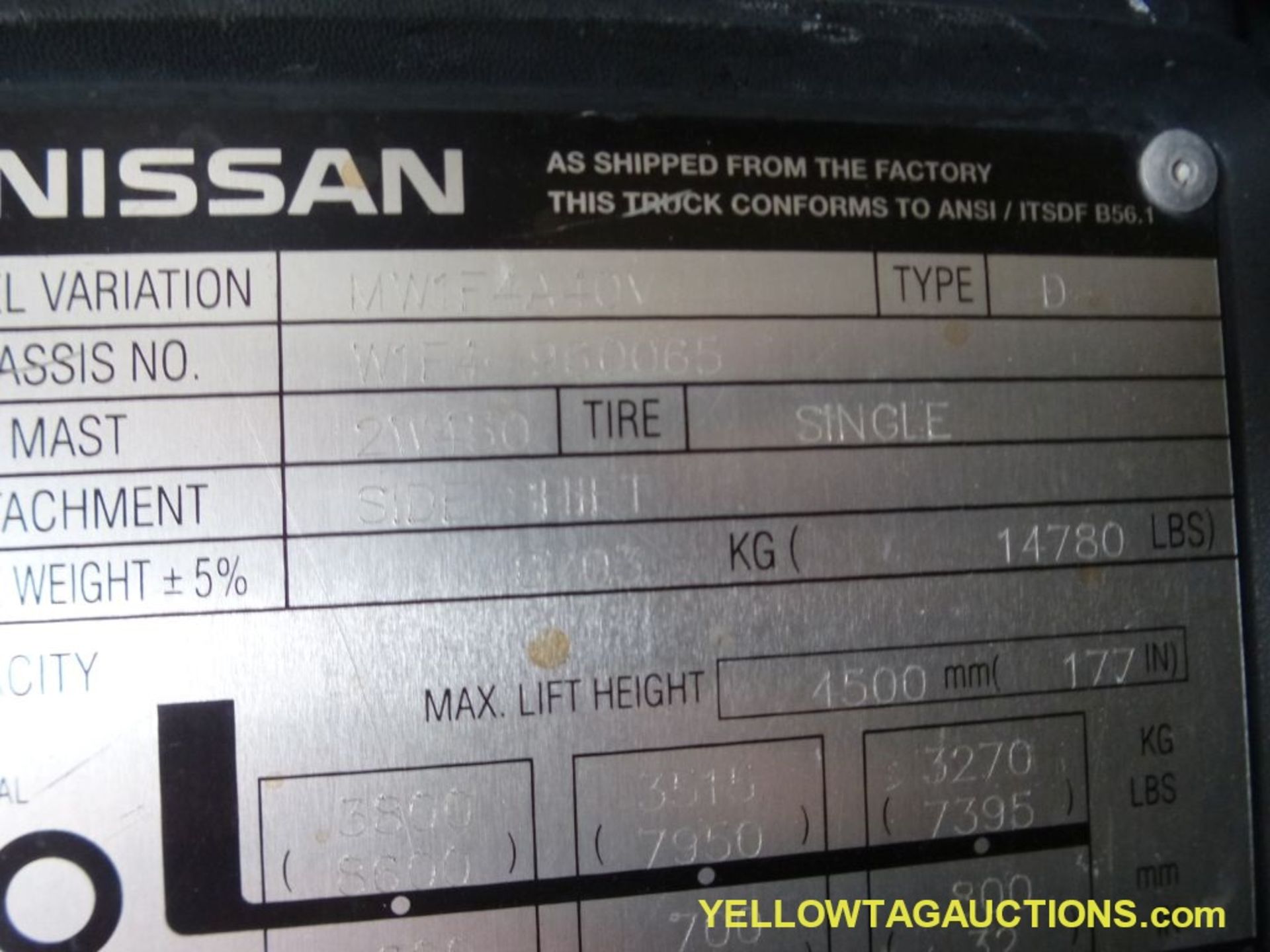 Nissan Diesel Forklift - Model No. MW1F4A40V; 48" Forks; 8981 Hours; Max Capacity: 8600 lbs; Max - Image 18 of 25