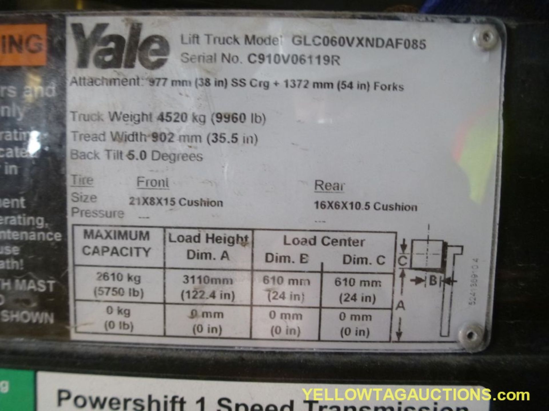 Yale Propane Forklift - Model No. GLC060VXNDAF085; Serial No. C910V06119R; 48" Forks; 1870 Hours; - Image 16 of 27