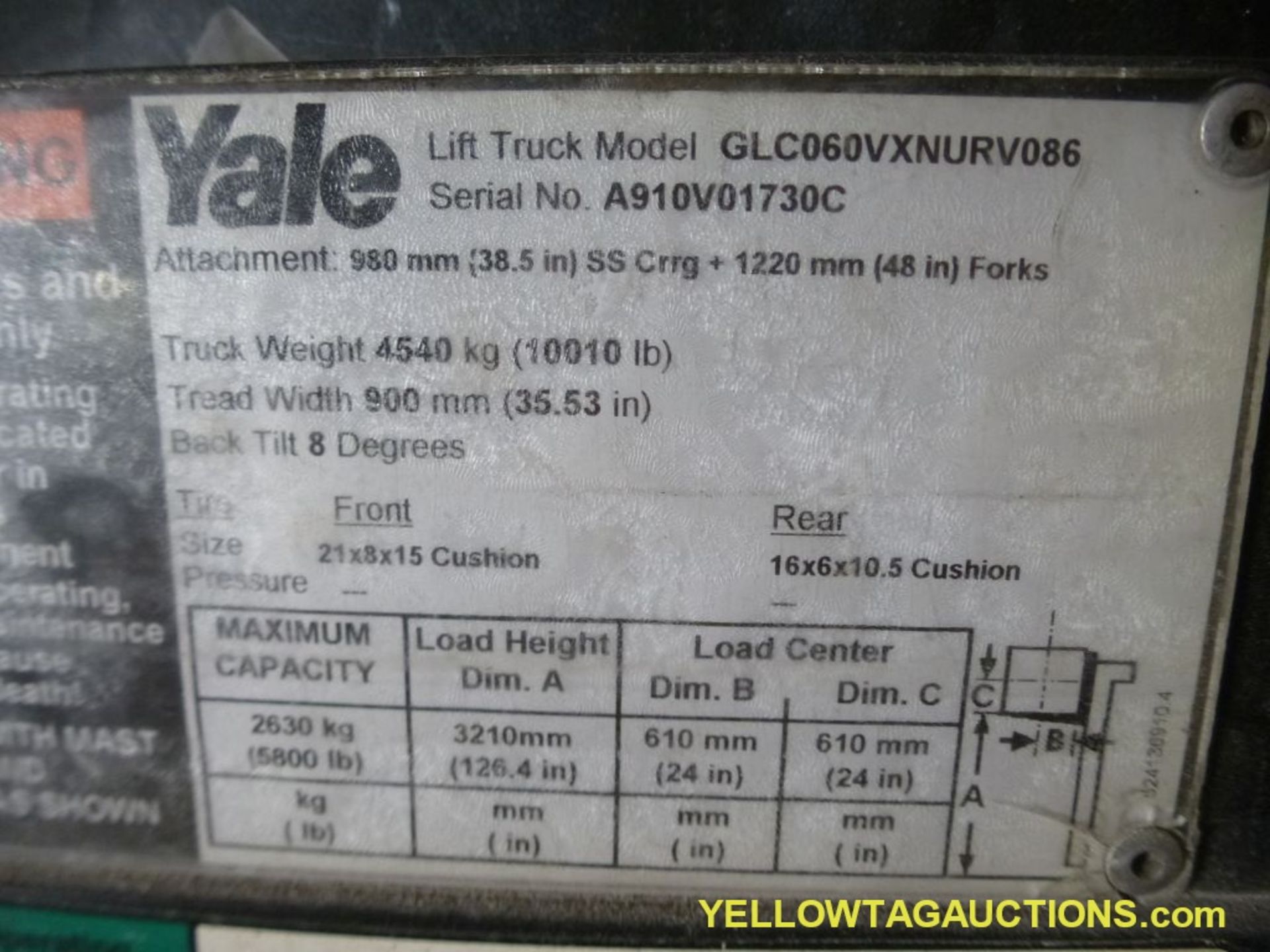 Yale Propane Forklift - Model No. GLC060VXNURV086; Serial No. A910V01730C; Max Capacity: 5800 lbs; - Image 13 of 24