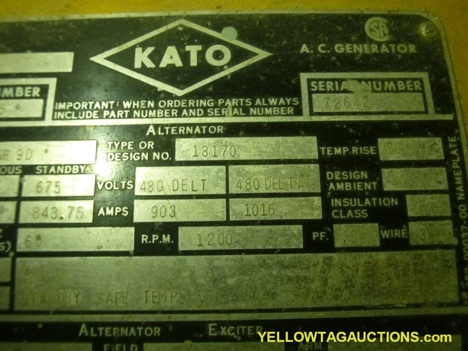 Kato Diesel Generator - Model No. 600SR; KW 600 Cont 675 Stand By; KVA 750 Cont 843.75 Stand By; - Image 10 of 33