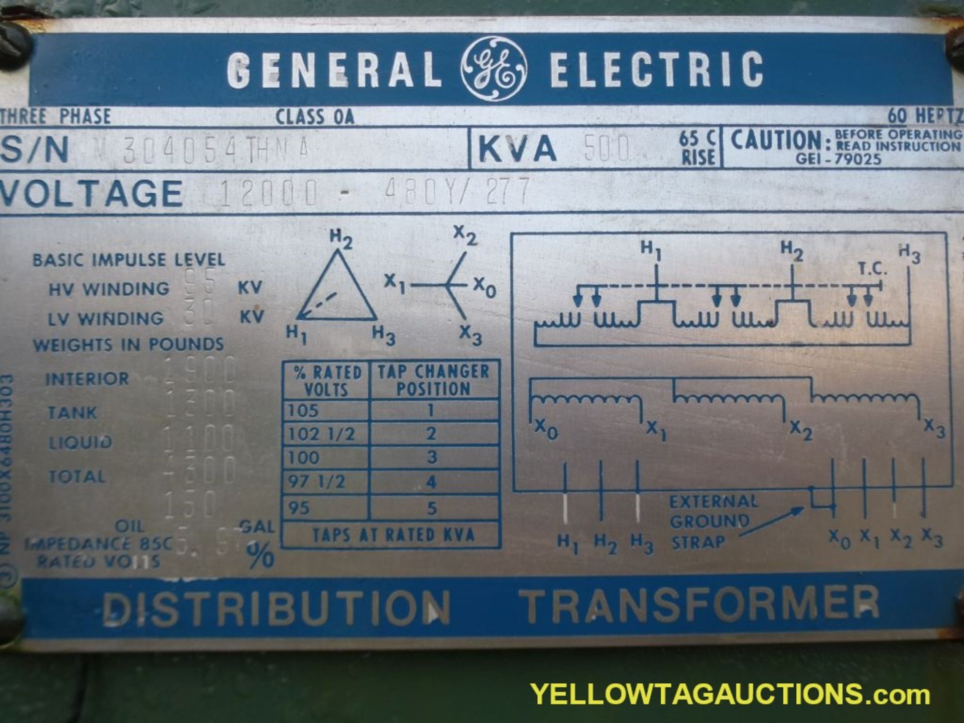 GE 500 KVA Transformer - 12000-480Y/277V - Image 8 of 8