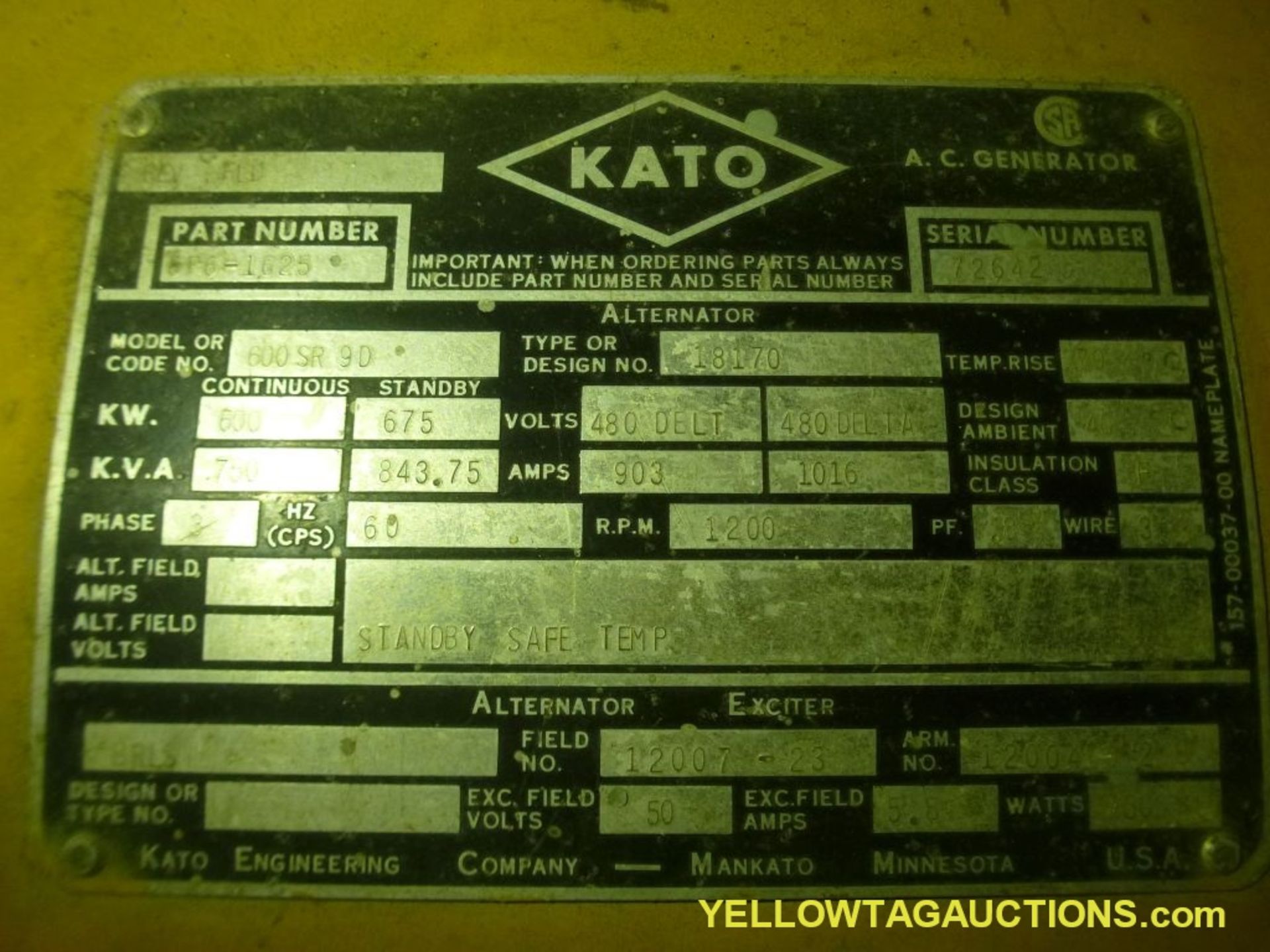 Kato Diesel Generator - Model No. 600SR; KW 600 Cont 675 Stand By; KVA 750 Cont 843.75 Stand By; - Image 8 of 33