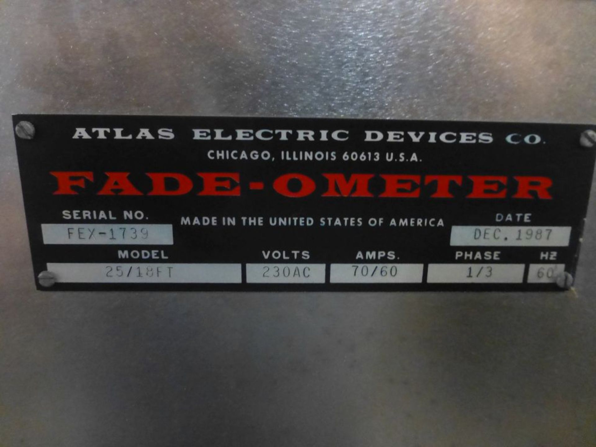 Atlas Elec. Fade-Ometer|Model No. 25/18FT; 230V; 70A; 3PH; Hours: 5,086; 33 1/2"L x 44 3/8"W x 69"H - Image 10 of 10
