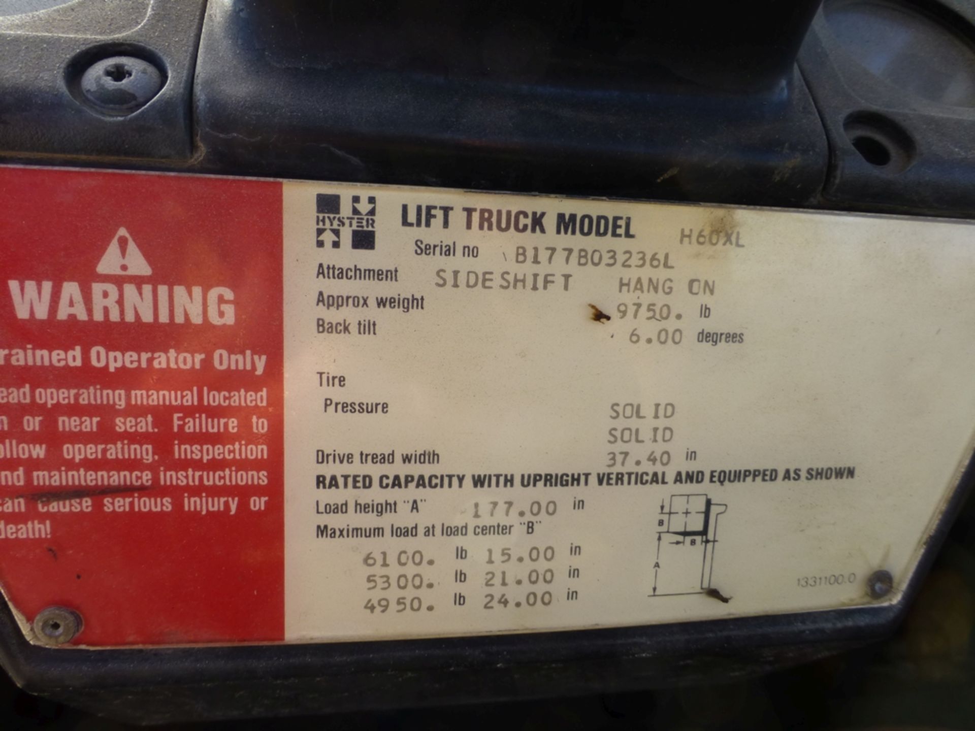 Hyster Diesel Forklift|6,100 lb Capacity; Model: H60XL S/N:B177803236L 177" Lift; Cab Heater; Side - Image 13 of 17