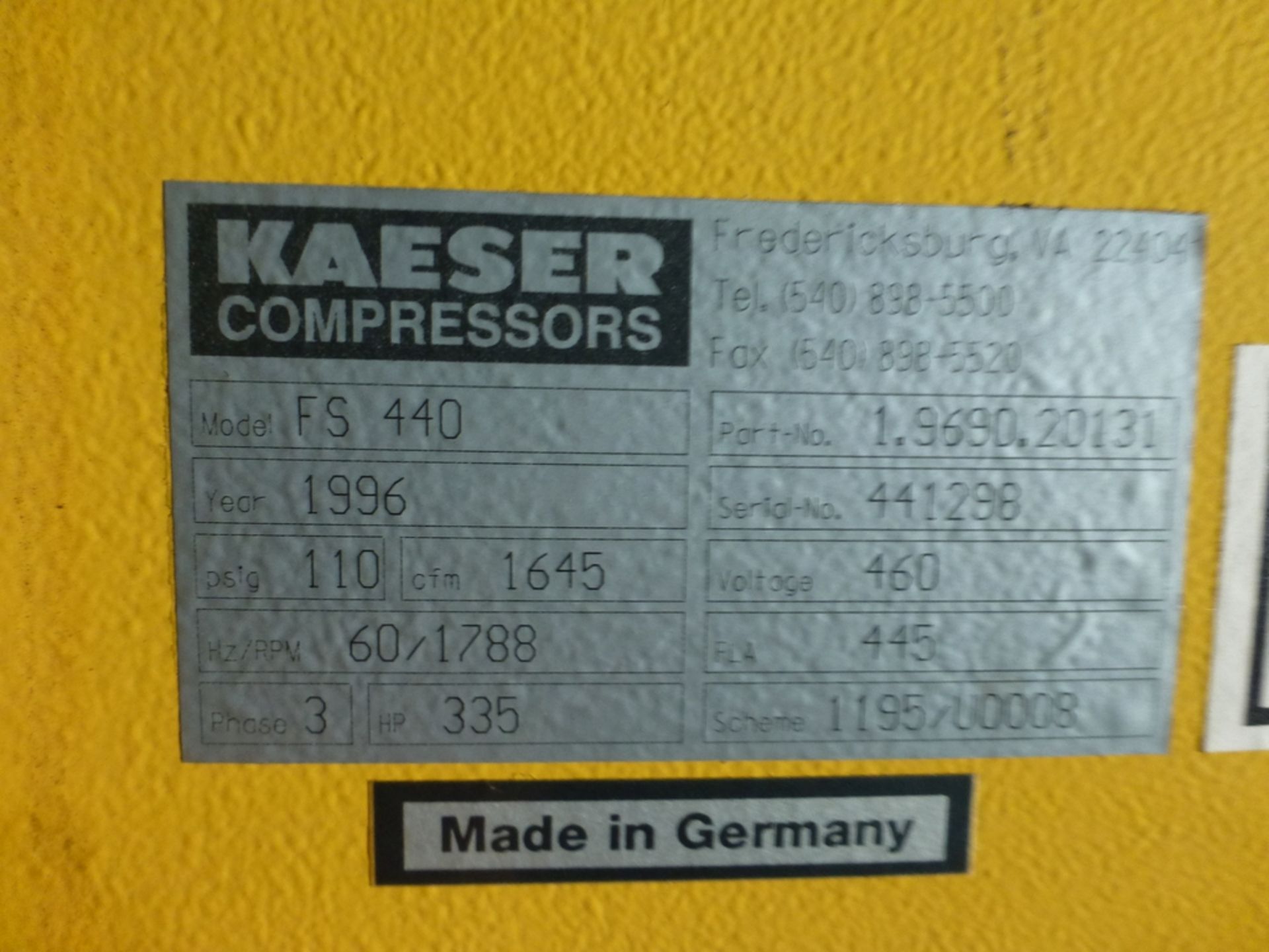 Kaeser 335 HP Air Compressor|Model No. FS440; 110 PSI; 1,645 CFM; S/N 441298; Service Hours: 20,610; - Image 7 of 13