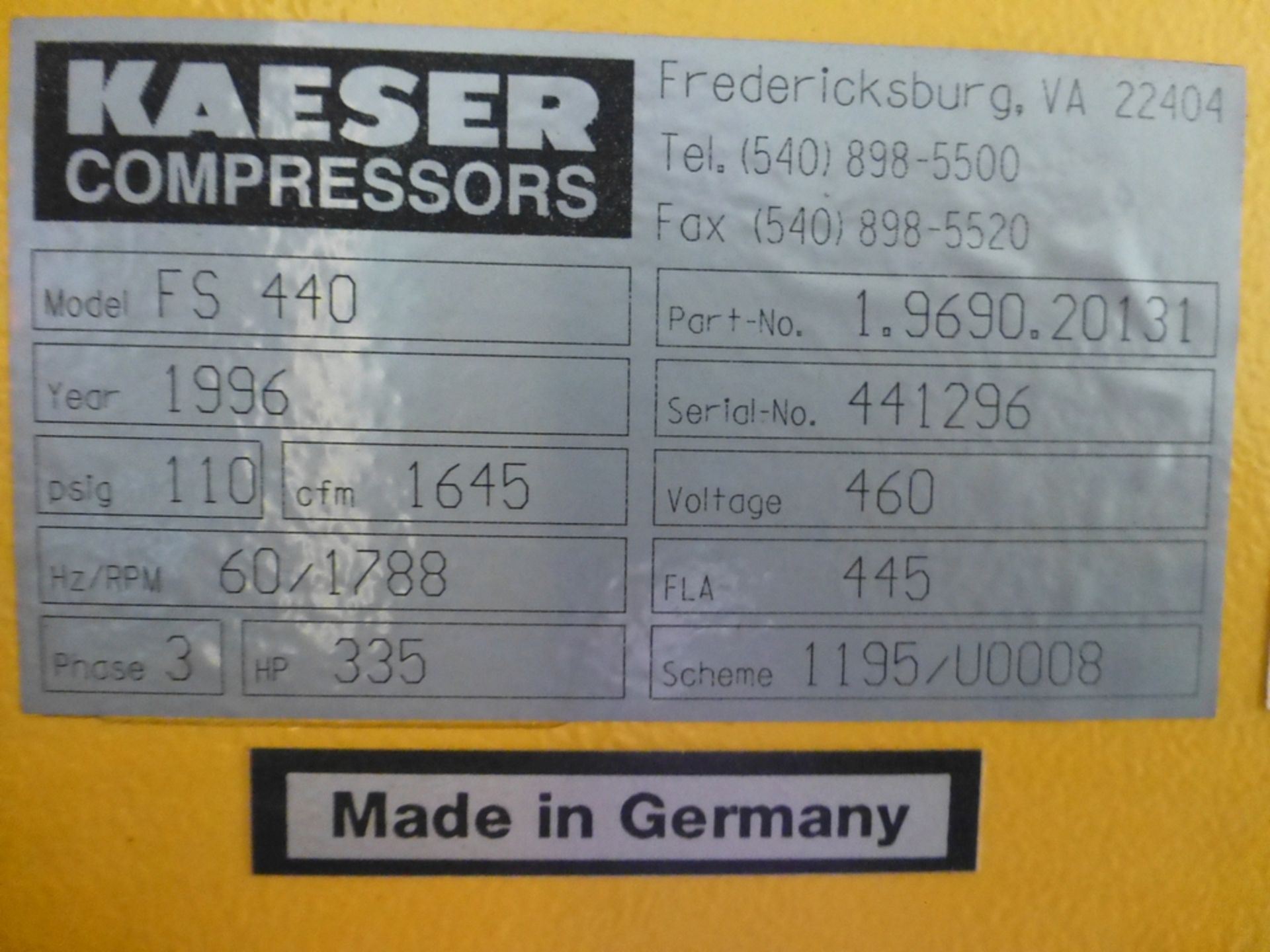 Kaeser 335 HP Air Compressor|Model No. FS440; 110 PSI; 1,645 CFM; S/N 441296; Service Hours: 101, - Image 13 of 13