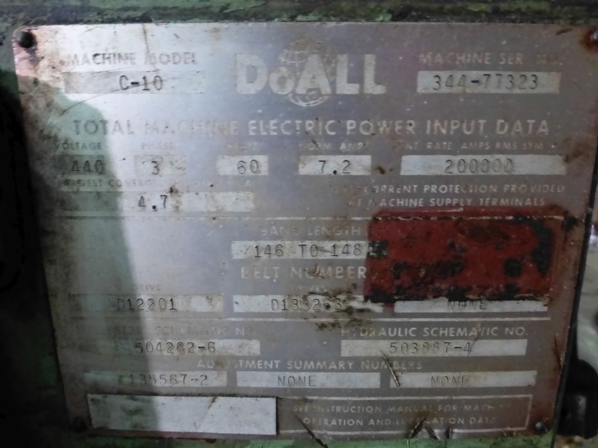 DoAll C-10 Horizontal Band Saw|Model No. C-10; S/N 344-77323 - Image 13 of 18