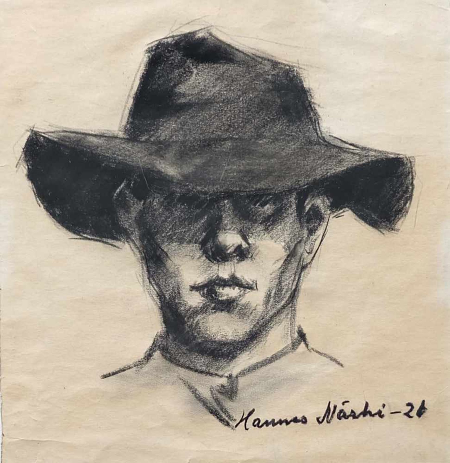 NÄSHI, Hannes, Paar Kohlezeichnungen, Selbstbildnis bzw Portrait eines Mannes mit Schlapphut und - Bild 2 aus 3