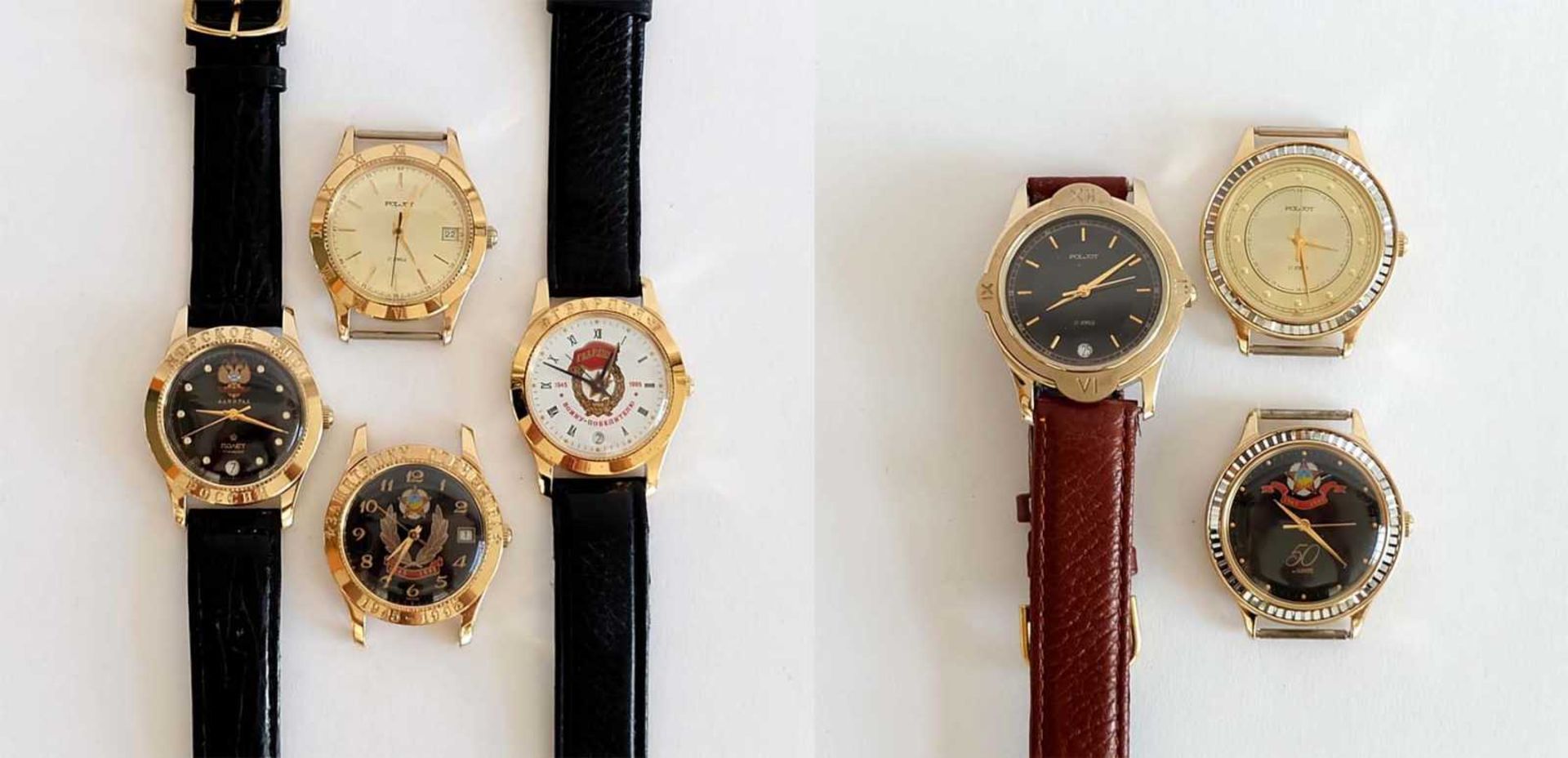HAU, Konvolut von 7, Herst. Erste Moskauer Uhrenfabrik, Marke Poljot, Handaufzug, 17 Steine, Lunette