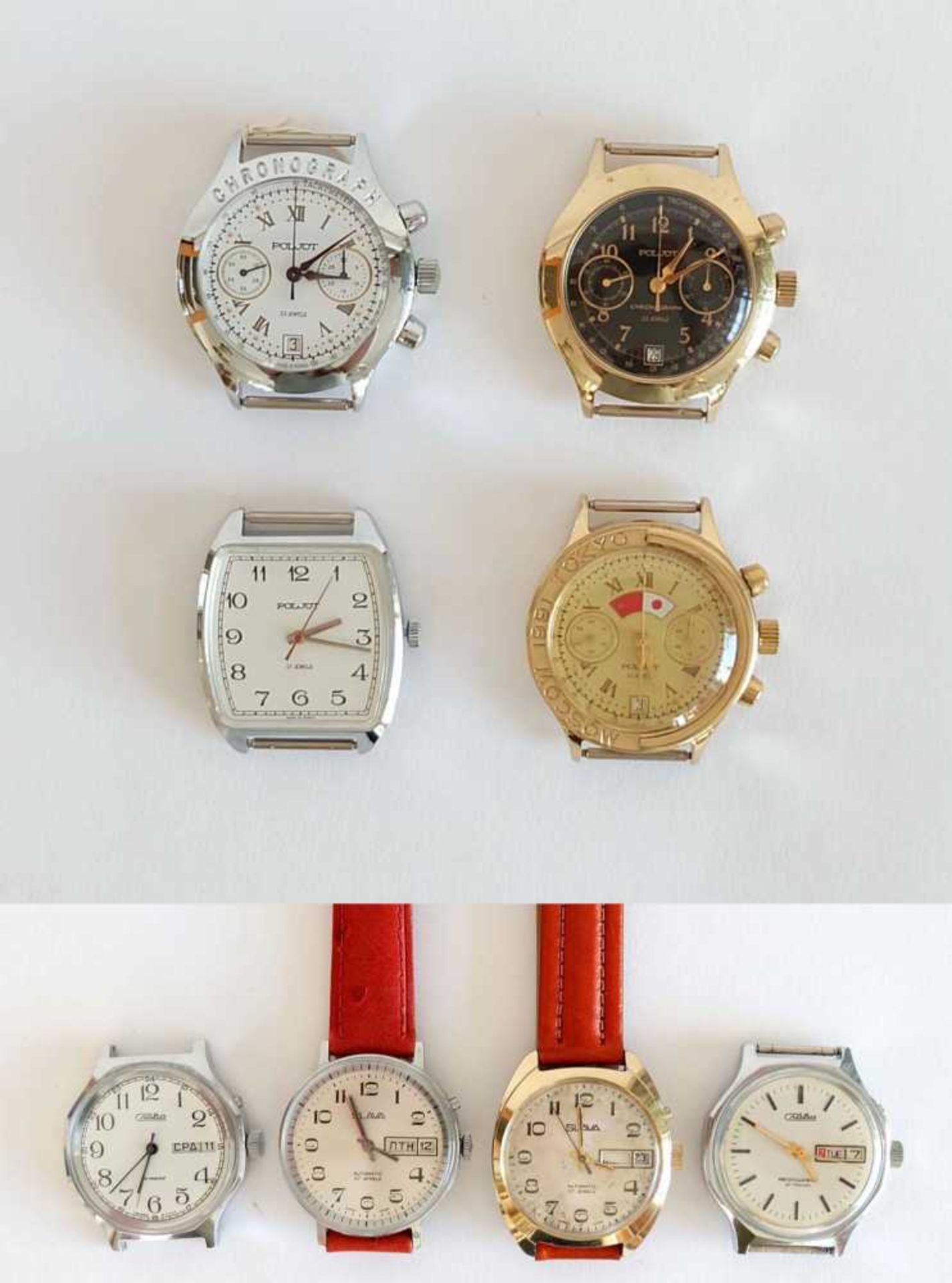 HAU, Konvolut von 8, Herst. Erste Moskauer Uhrenfabrik, Marke Poljot, Handaufzug, 3x Chronograph, je