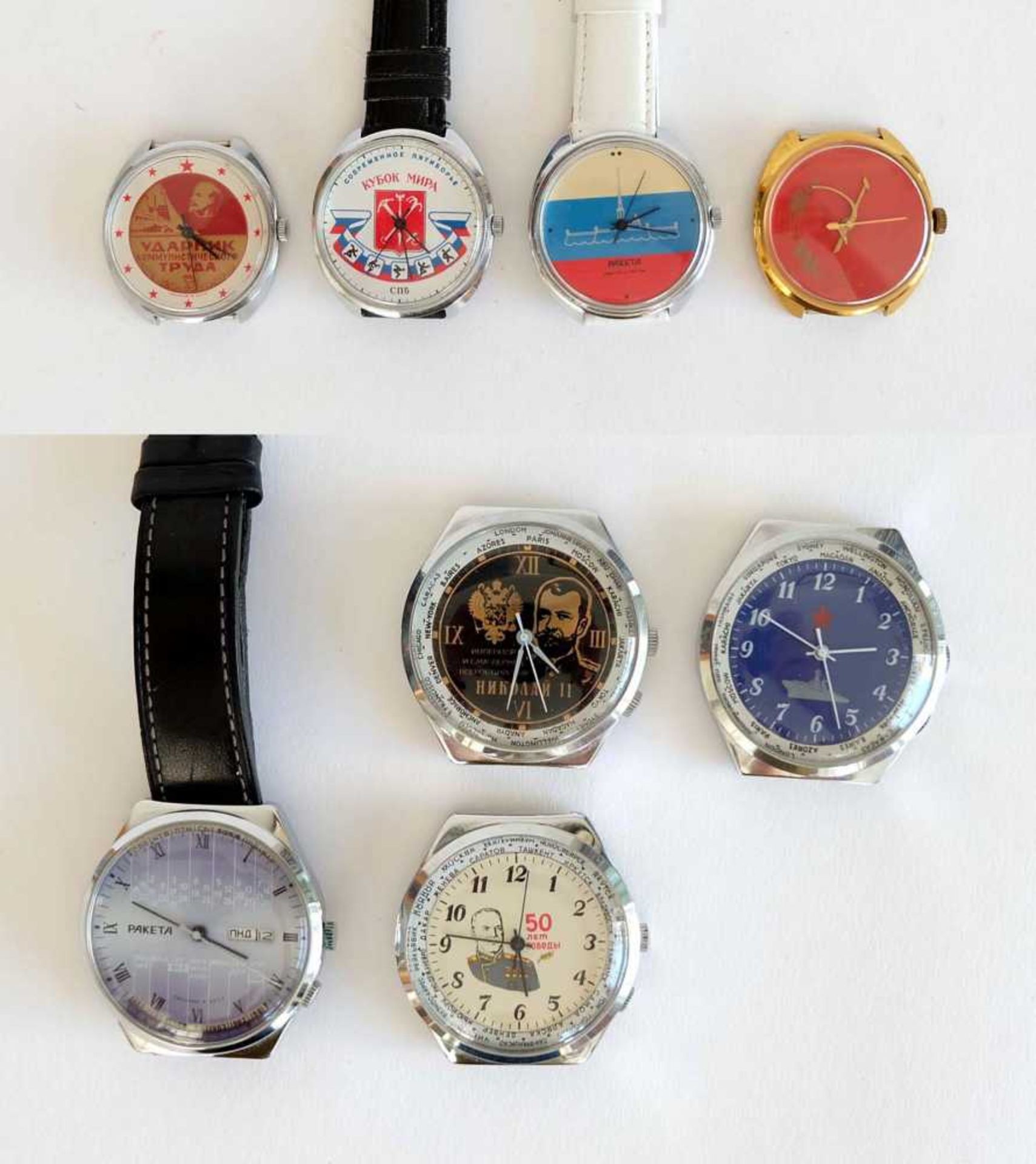 HAU, Konvolut von 8, Rußland, 2x Hersteller Uhrenfabrik Petrodworez/ Leningrad, Marke Raketa, 7x
