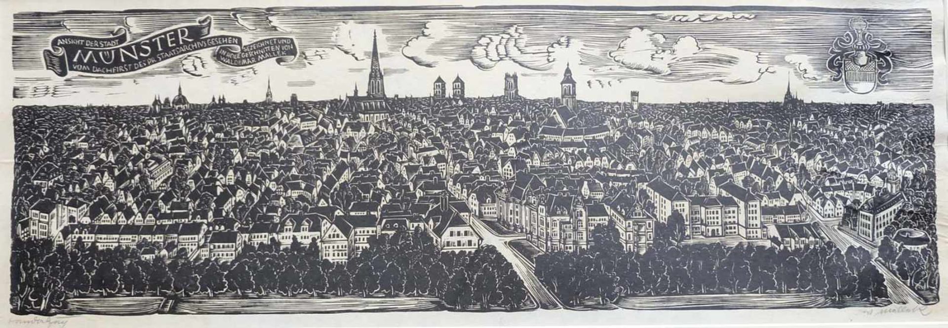 MALLEK, Waldemar (*1906 Münster †1998 Münster), Holzschnitt, "Ansicht der Stadt Münster vom Dach des