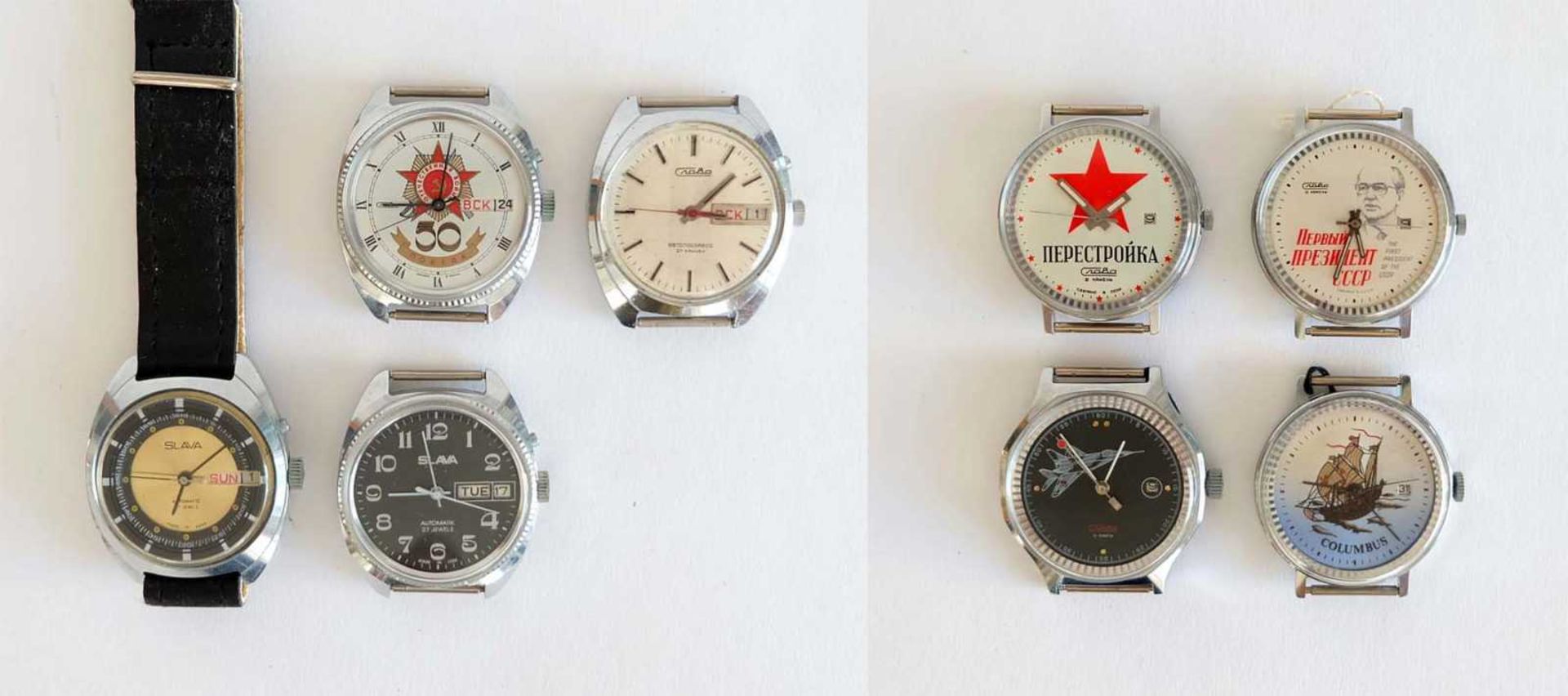 HAU, Konvolut von 8, Herst. Erste Moskauer Uhrenfabrik Slawa, 3x UdSSR, Datumsnische/- anzeige, 3x