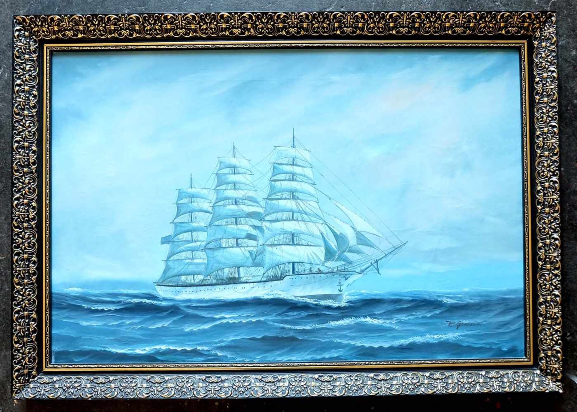 GERMANN, R., 20. Jh., Öl/ Lw., Porträt eines 3-Masters unter Segeln, rechts unten sign., 60 x 90 cm,