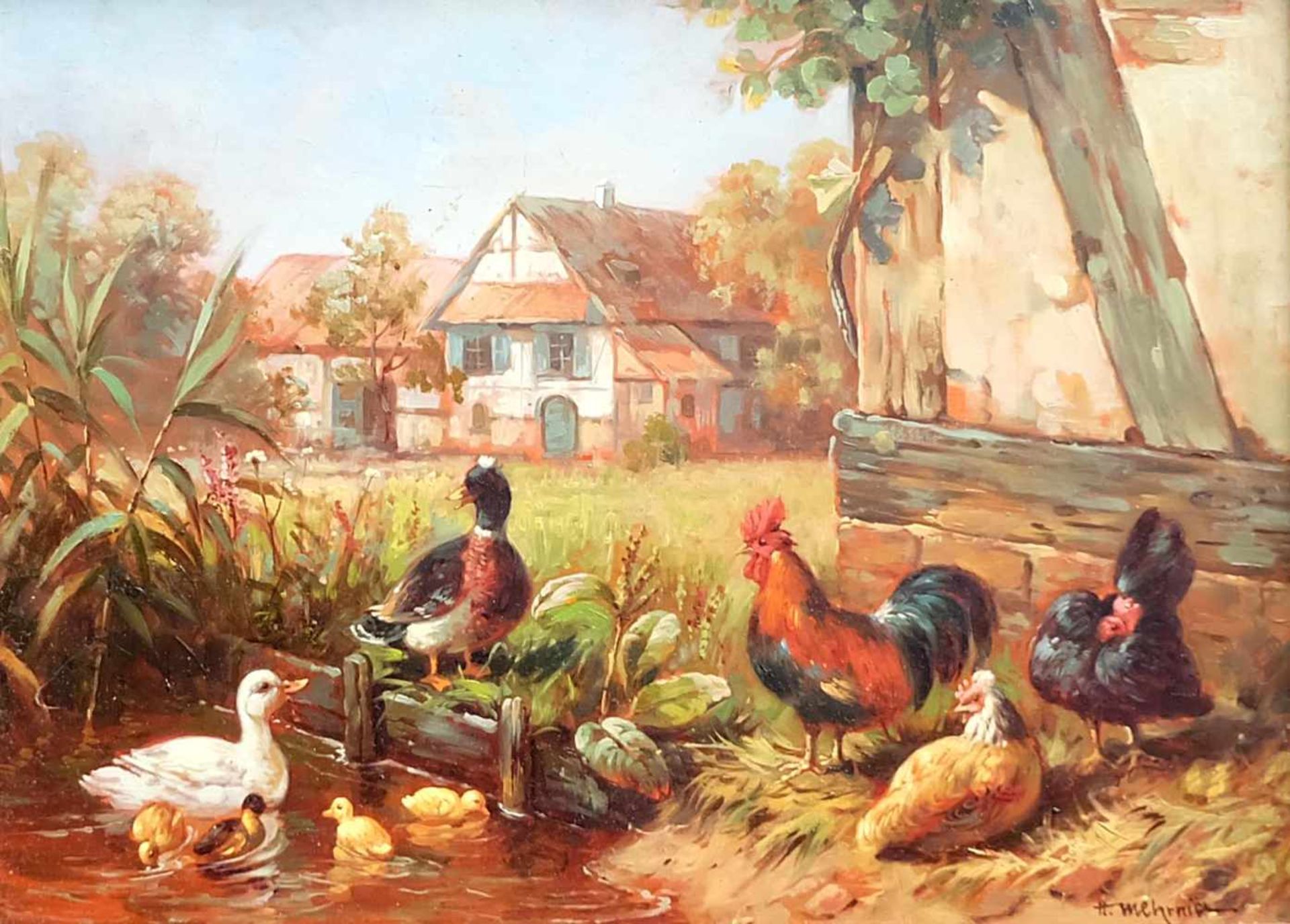 MEHRNIA, Hamid (*1942 Täbris, Iran), Öl/Holz, Federvieh am Teich, rechts unten signiert, 30 x 40 cm,