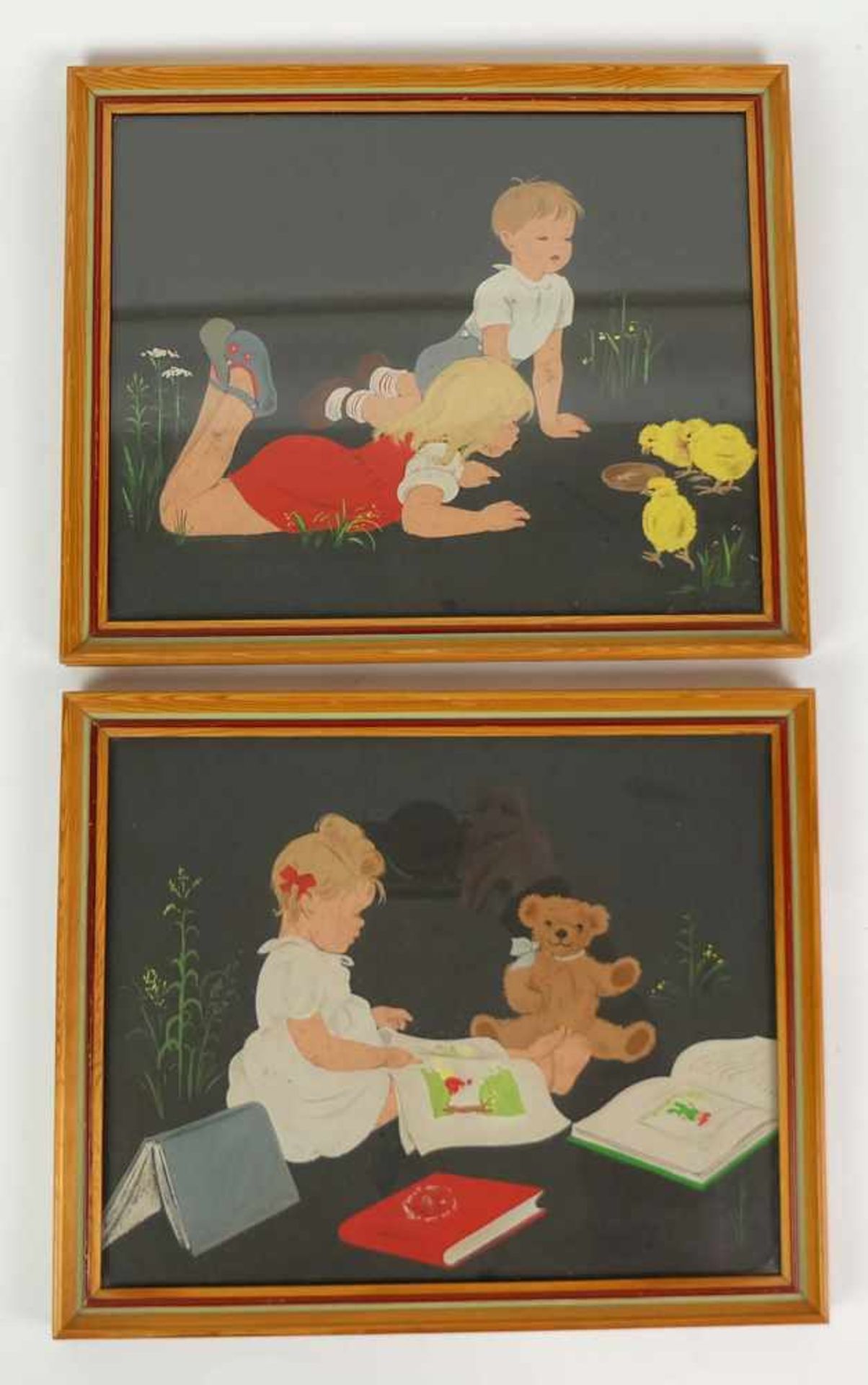 PAAR GEMÄLDE, 1950er Jahre, Gouache/Karton, Kinderpaar mit Küken bzw. Mädchen Teddybär vorlesend,