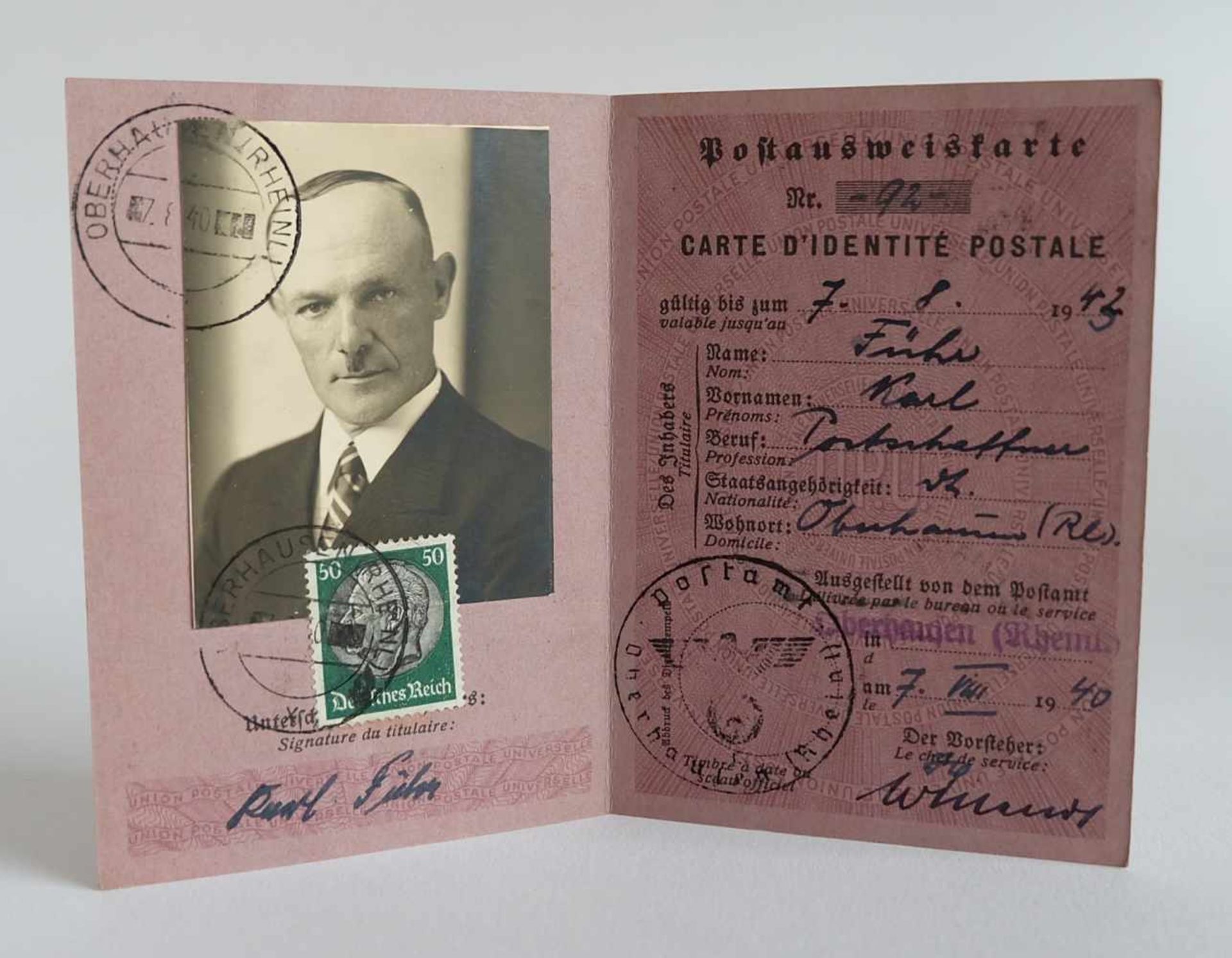 DEUTSCHES REICH, Postausweiskarte, Oberhausen 07.08.1940, Gebühr freigemacht mit 50 Pfg. Hindenburg