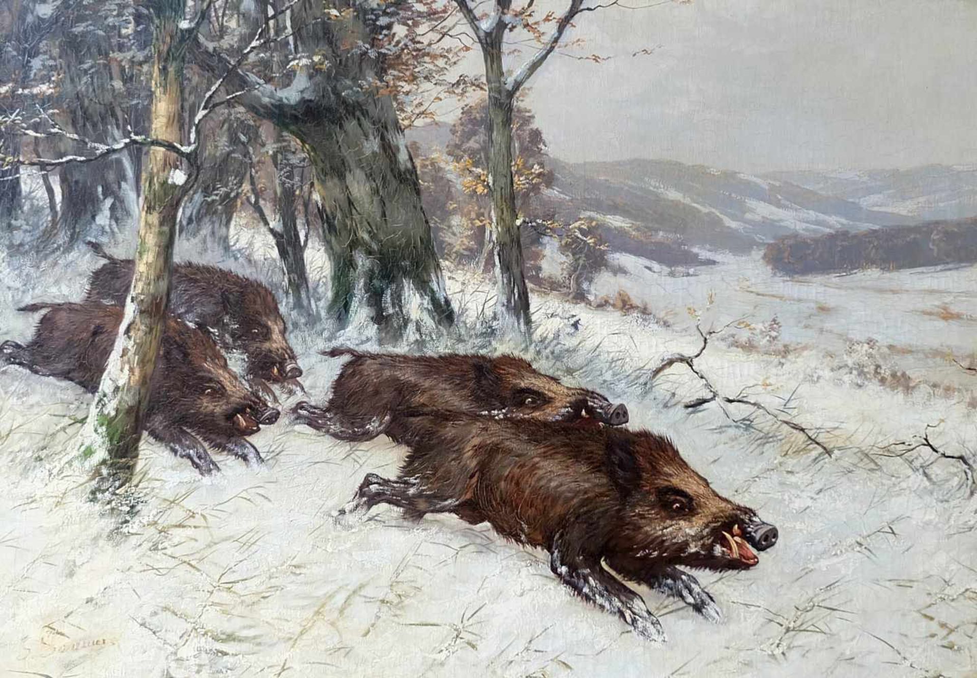 DEUTSCHE SCHULE, Öl/ Leinwand, Wildschweinrotte in winterlicher Mittelgebirgslandschaft, links unten