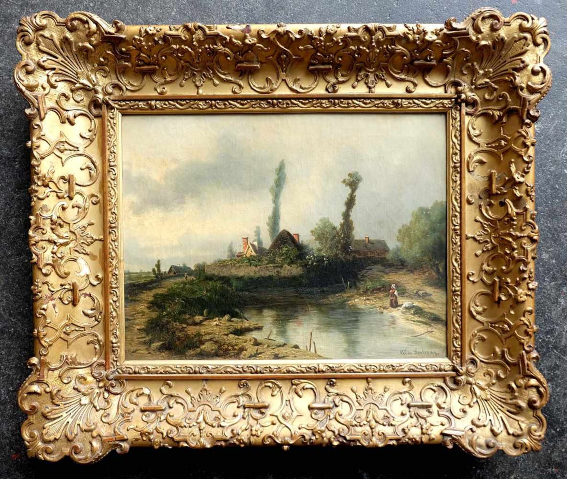FONTENAY, Alexis de (*1815 Paris †1892 ebd)., Öl/lw., Dorfrand mit Weiher, rechts unten signiert,