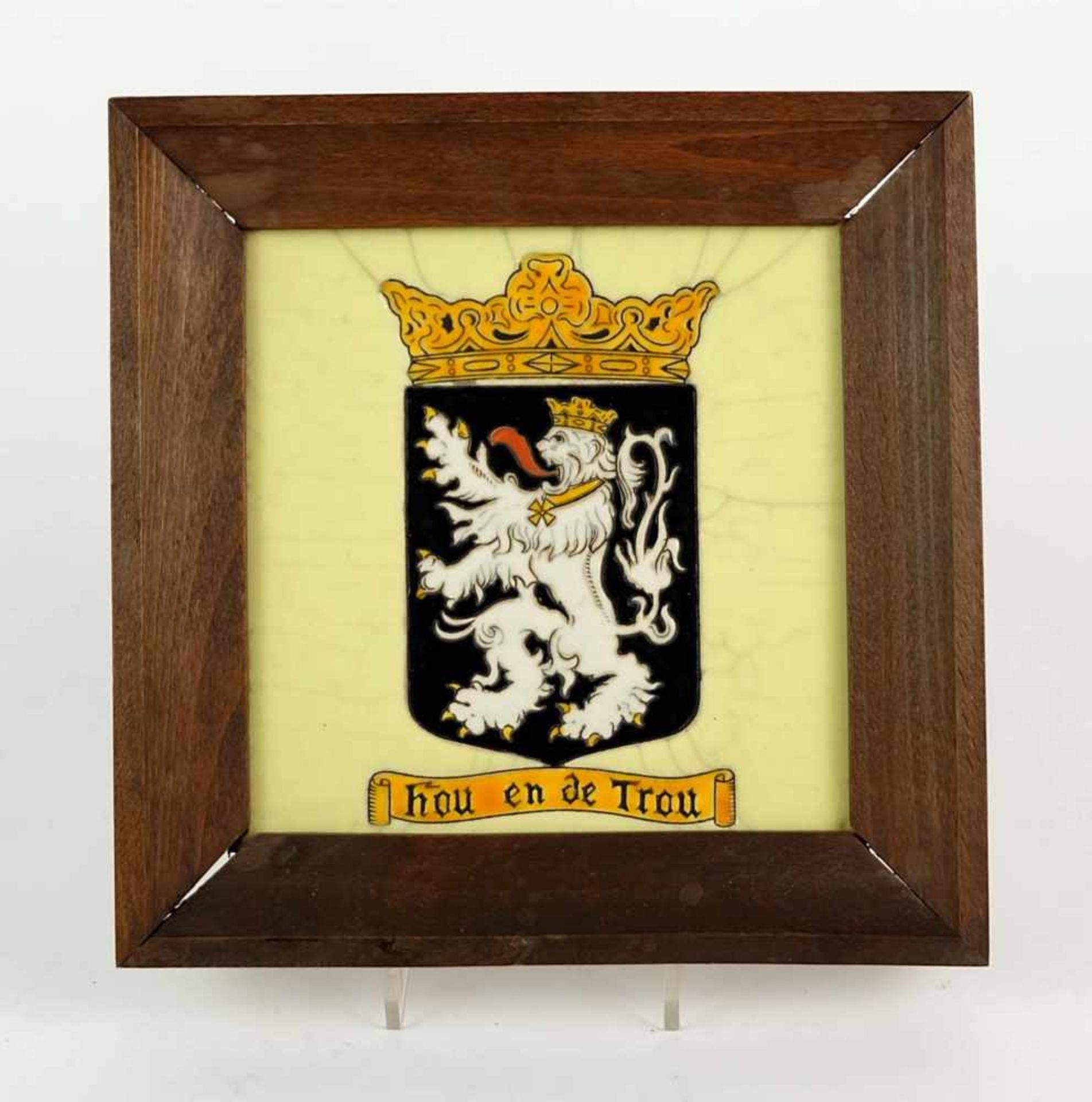 BILDFLIESE, Wappen von Gent, Wahlspruch "Hou en de Trou", verso Widmung auf Papieretikett "Die 10.