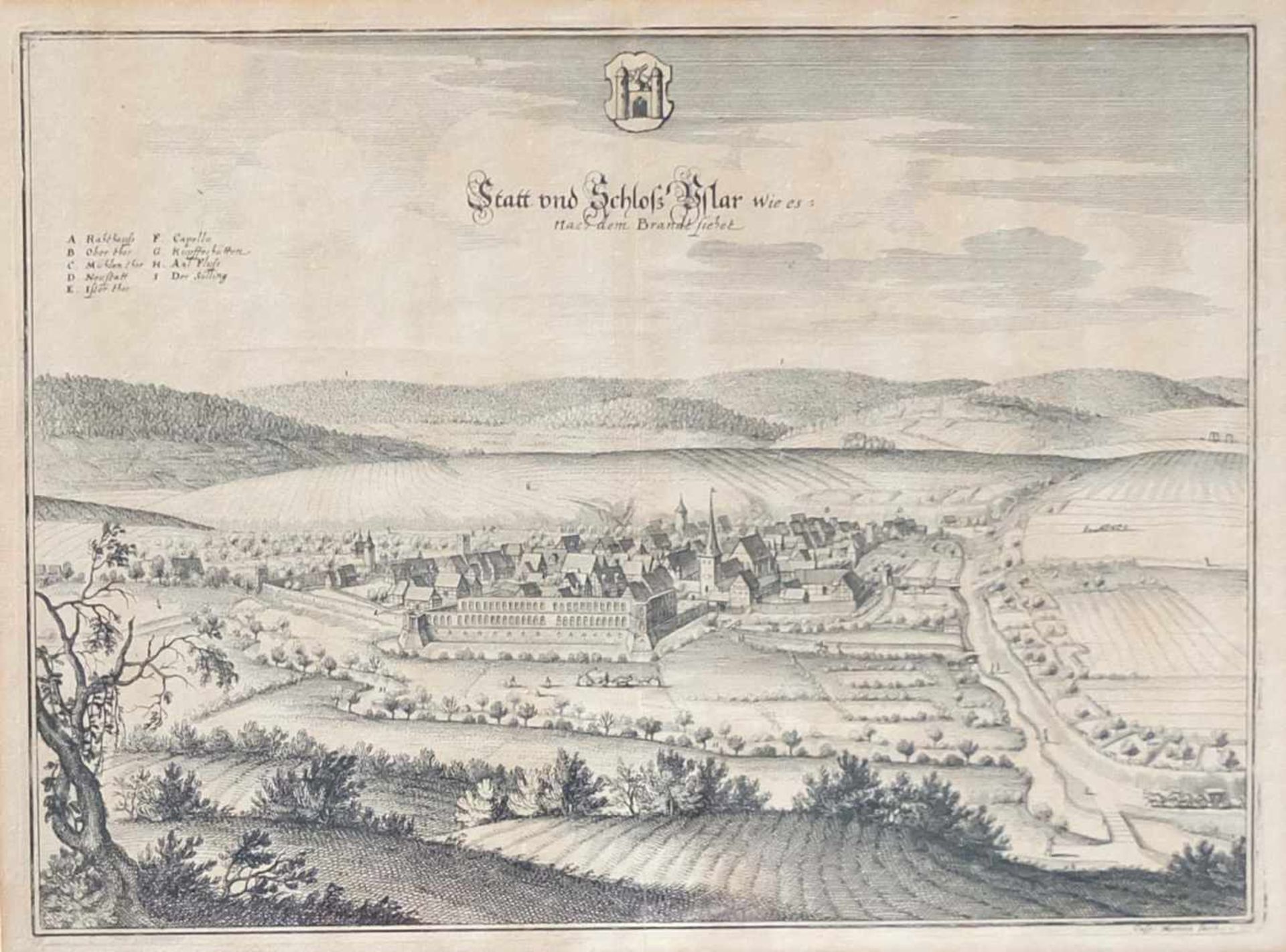 MERIAN, Matthäus (*1593 Basel †1650 Langenschwalbach), Kupferstickkarte, "Statt und Schloss