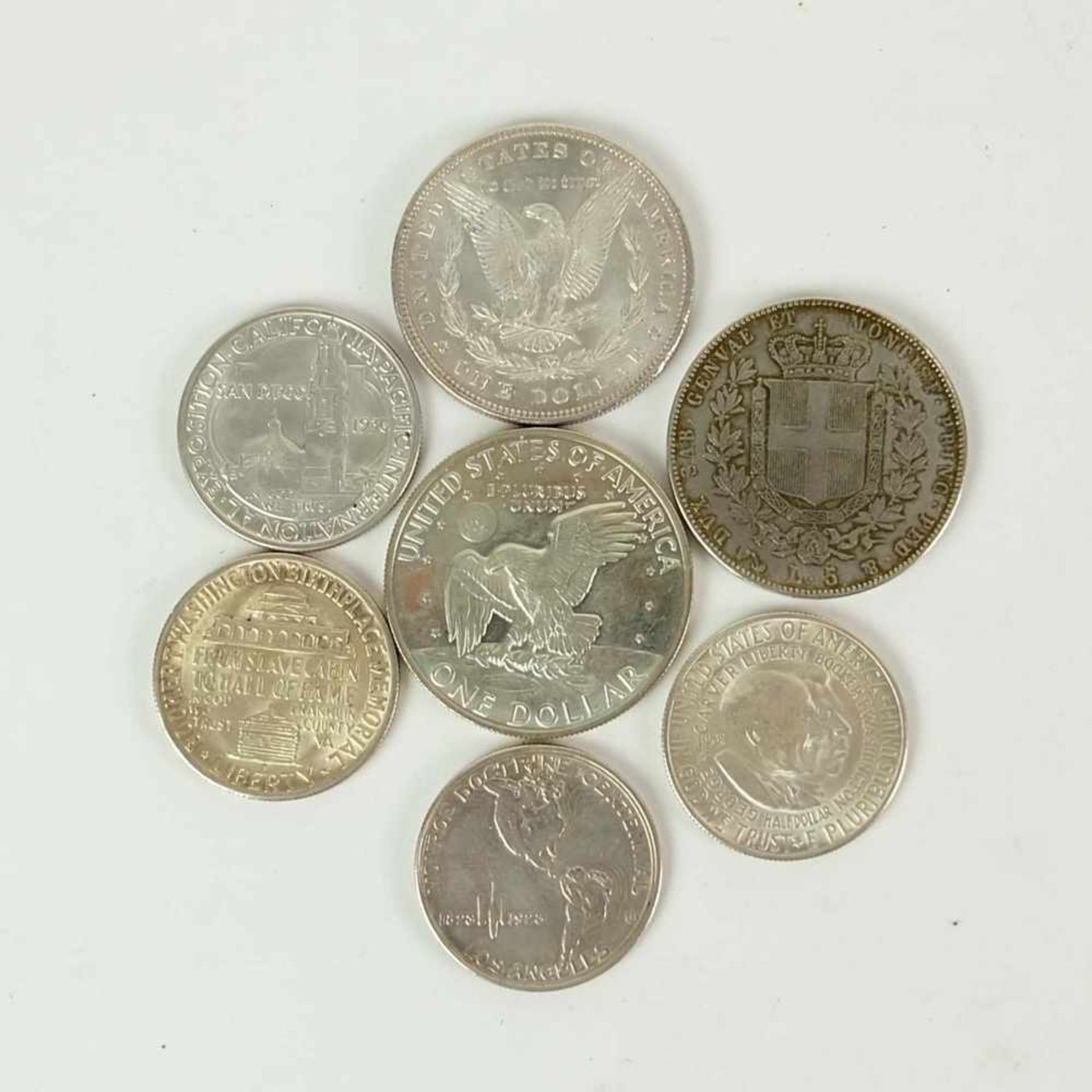 USA, Münzen, Konvolut von 6, dazu 1x Sardinien, bestehend aus: Morgan-$ 1888 (min. Randfehler),