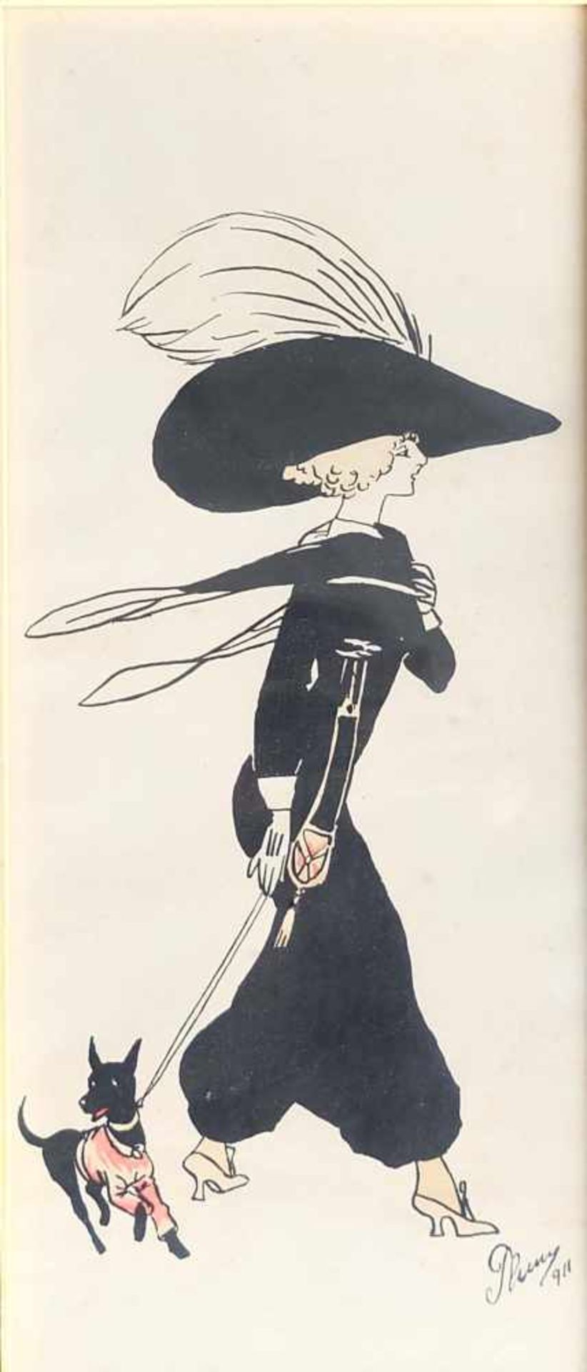 PLUNY, Englische Schule, Feder/ Papier, Modezeichnung, Junge Frau im Hosenanzug mit großem Hut und