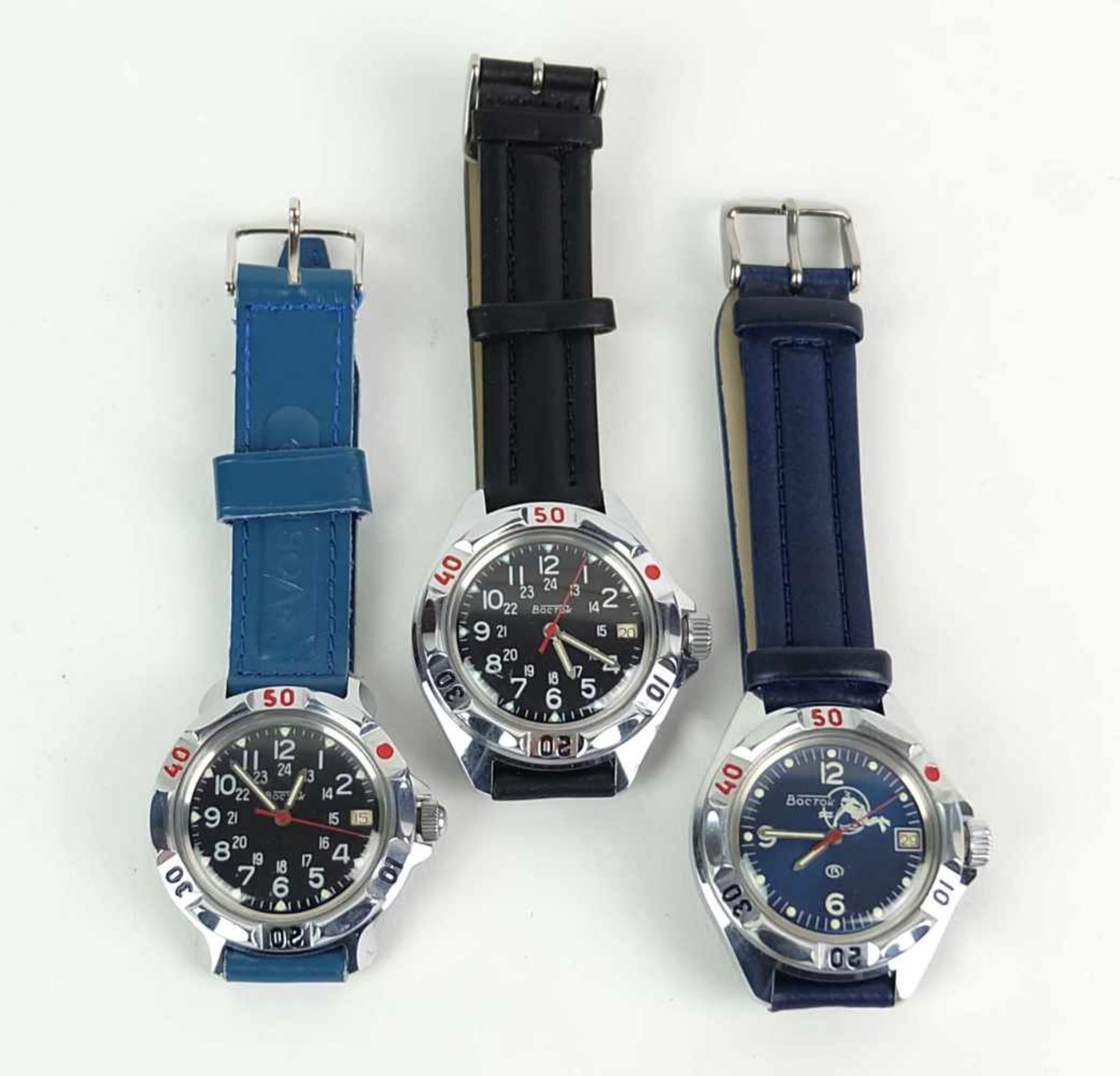 HAU, Konvolut von 3, Hersteller Wostok/ Tschistopol, 3x Chronograph, Datumsnische, 1x