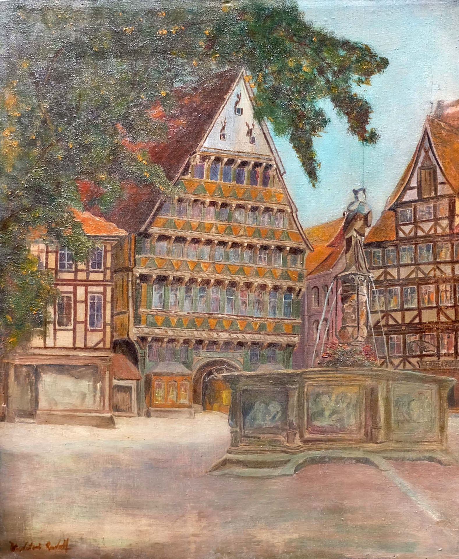 RUDOLF, Dr. A., Anfang 20.Jh., Öl/ Leinwand, Hildesheimer Marktplatz mit Knochenhaueramtshaus und